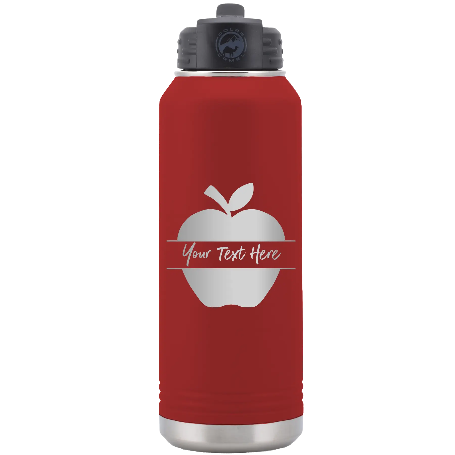 Personalized maroon 32 oz vacuum insulated water bottle with 'Apple' design