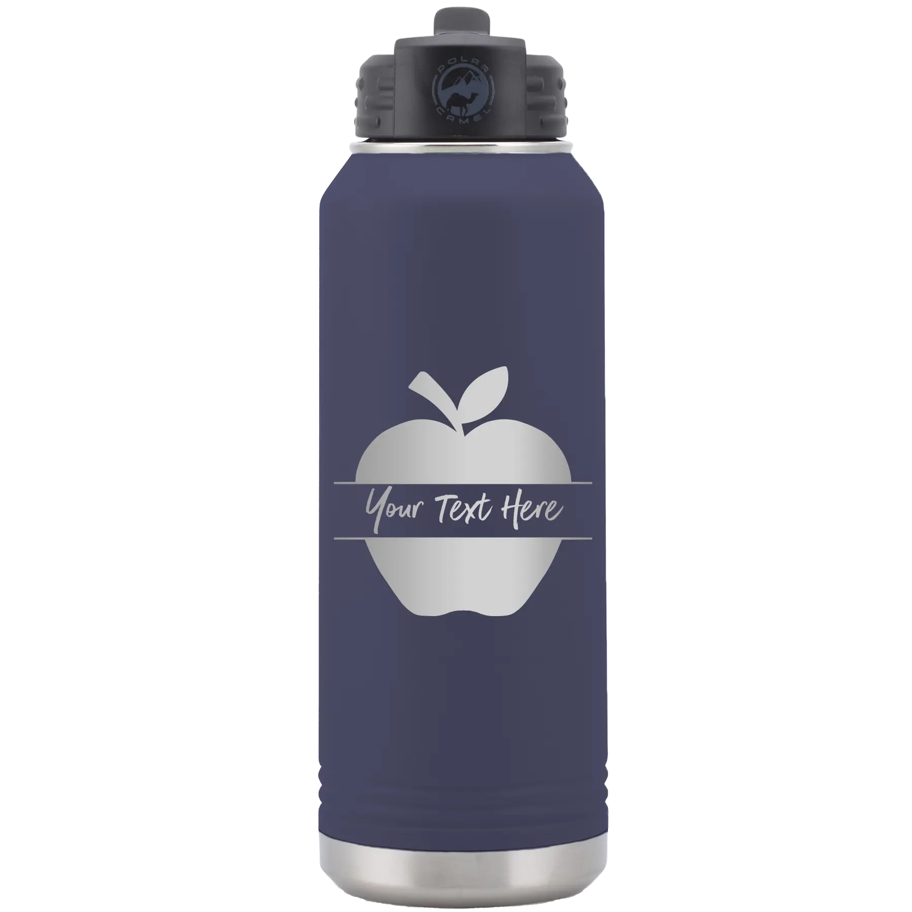 Personalized navy 32 oz vacuum insulated water bottle with 'Apple' design