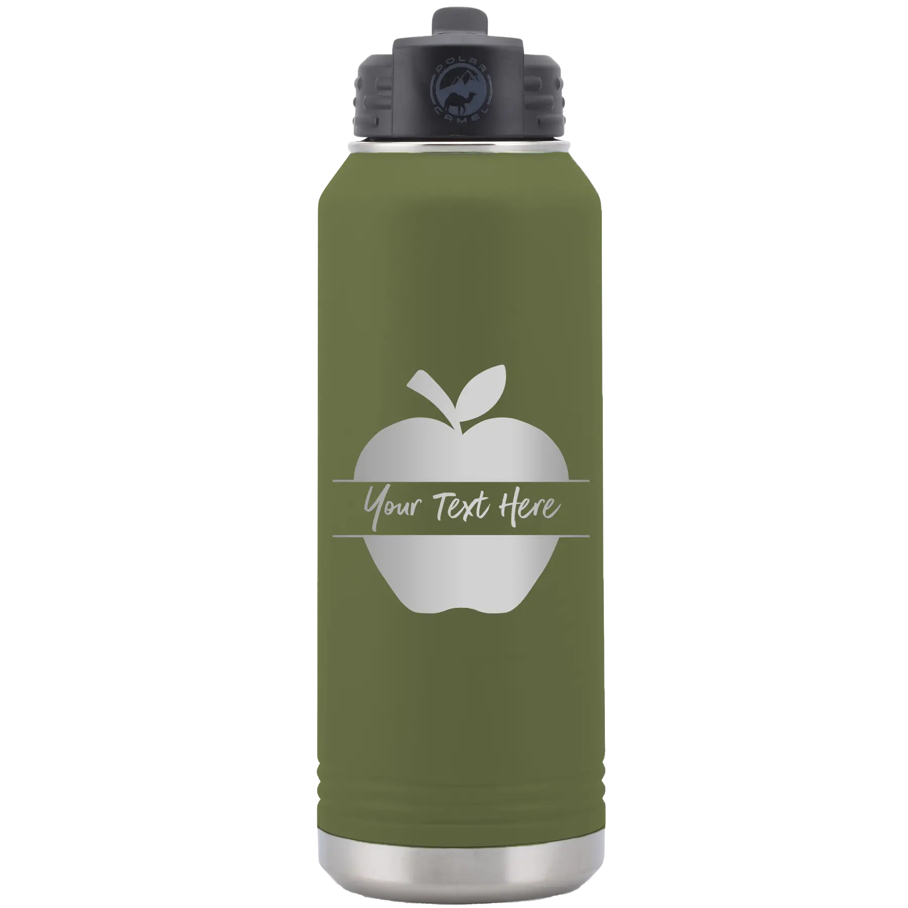 Personalized olive green 32 oz vacuum insulated water bottle with 'Apple' design