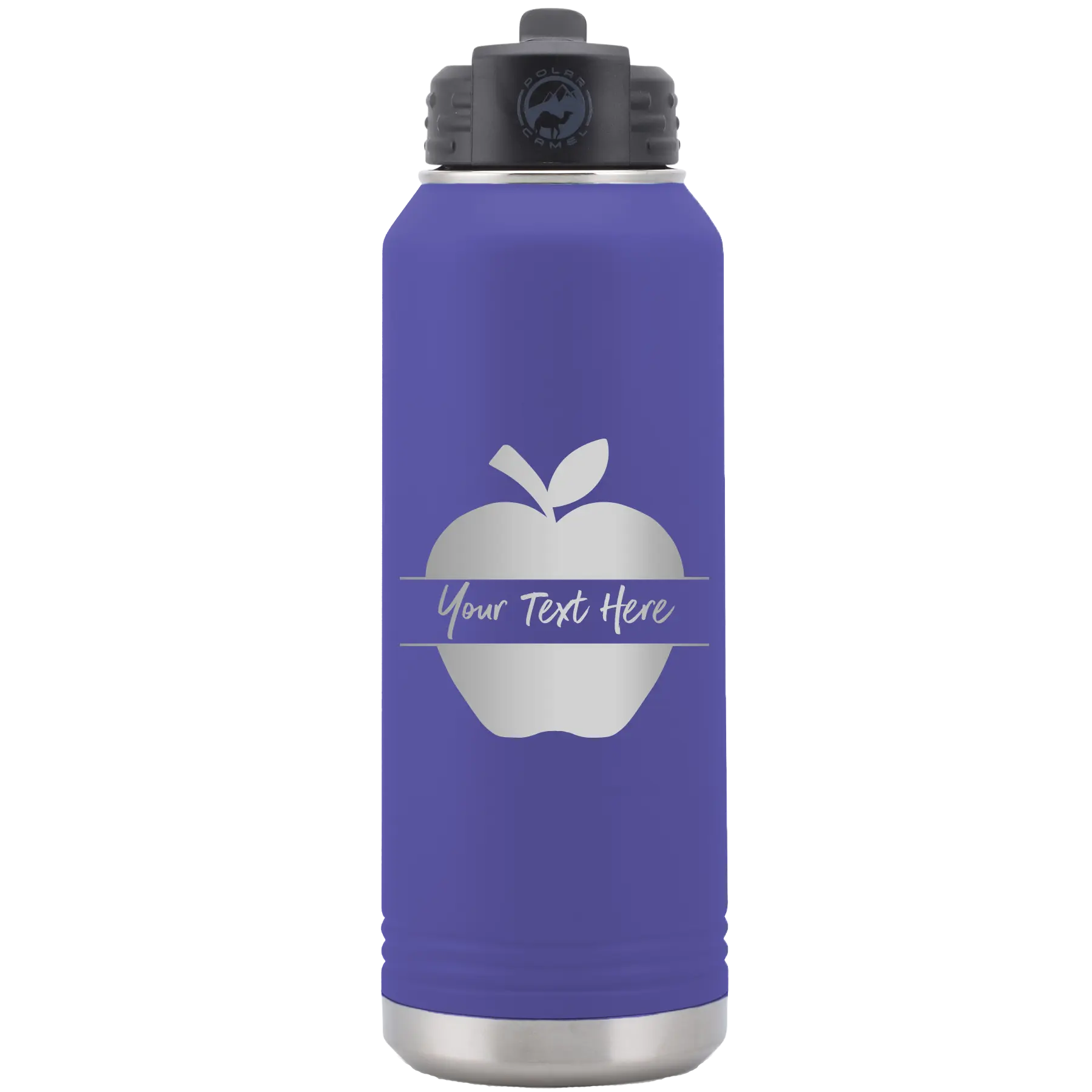 Personalized purple 32 oz vacuum insulated water bottle with 'Apple' design