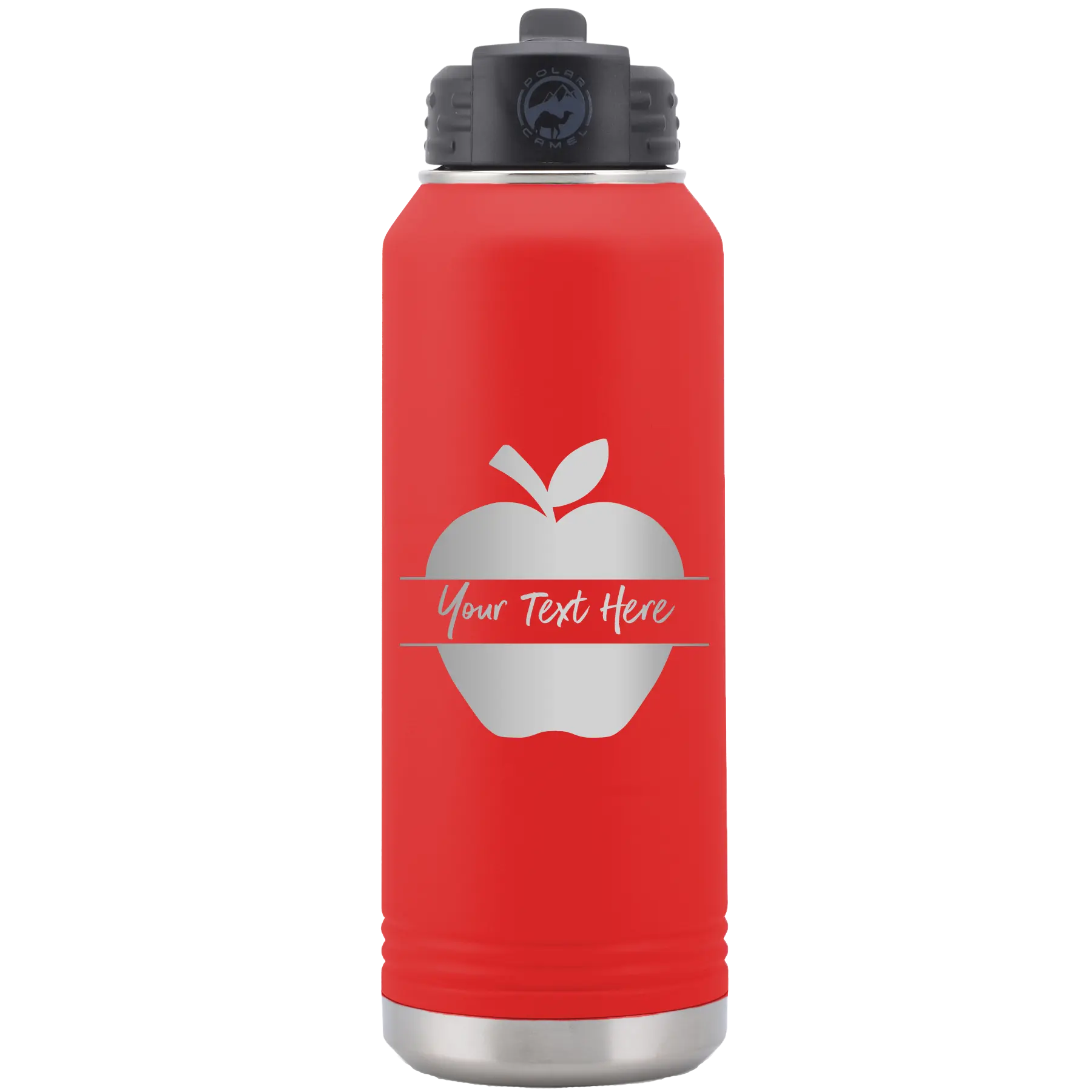 Personalized red 32 oz vacuum insulated water bottle with 'Apple' design