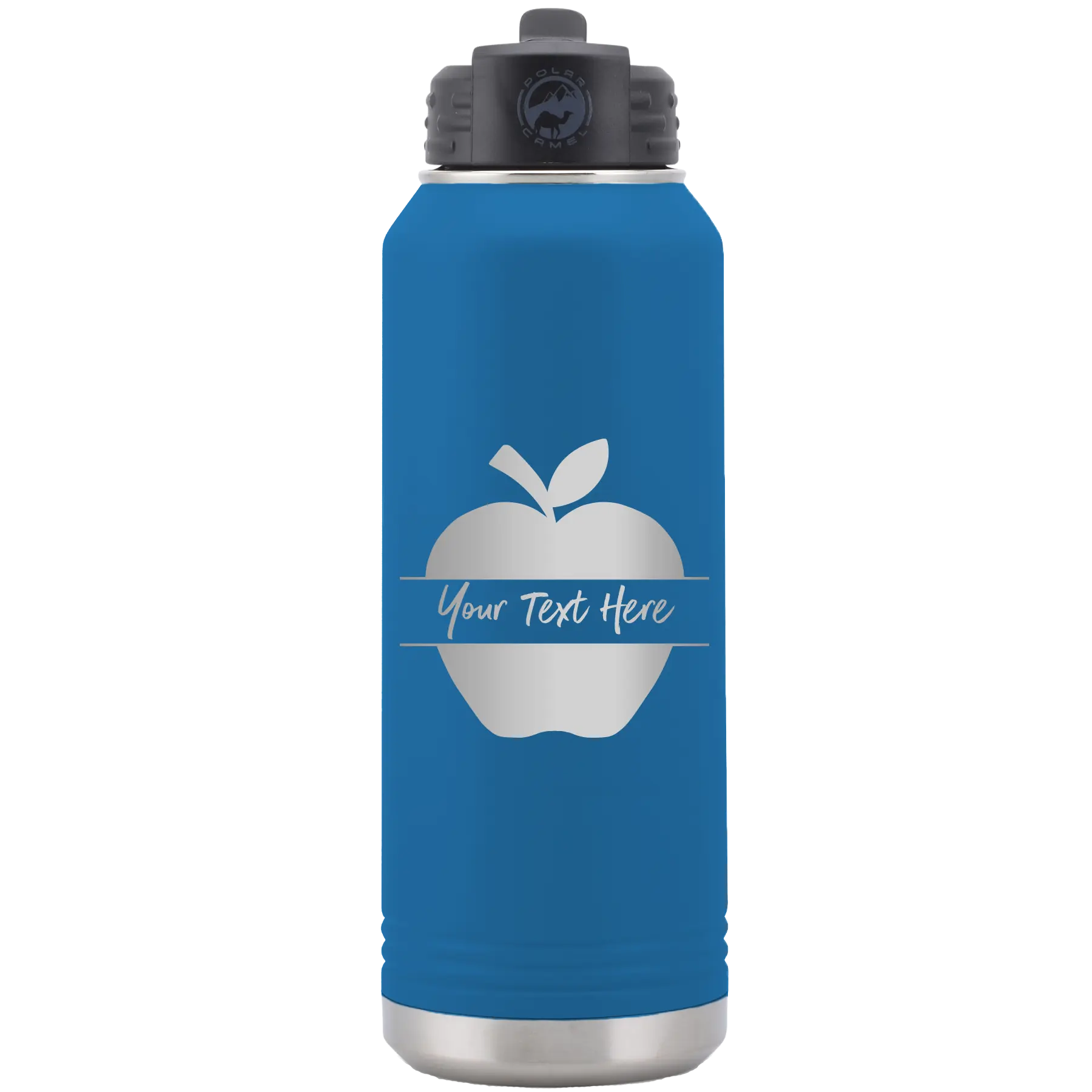 Personalized royal blue 32 oz vacuum insulated water bottle with 'Apple' design