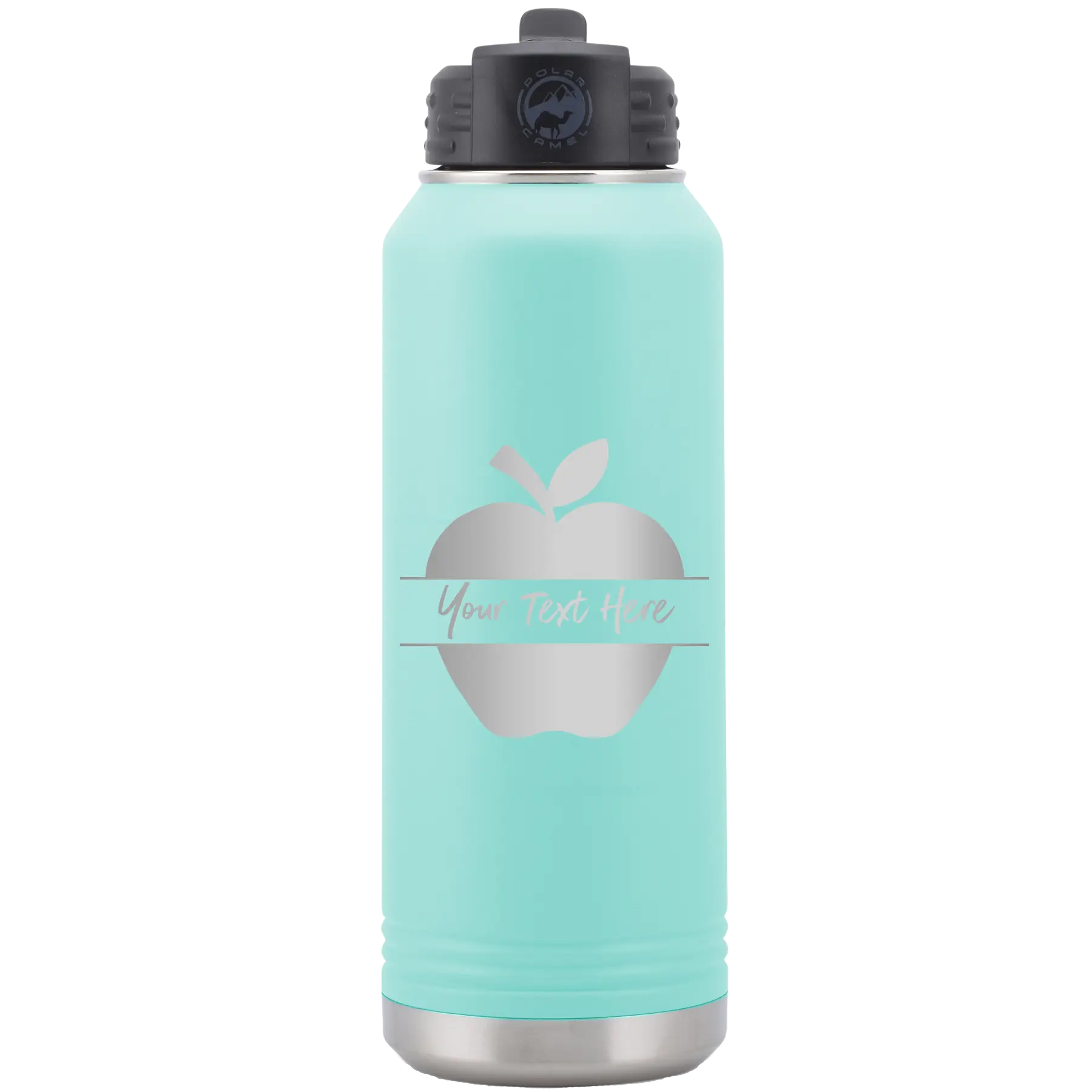Personalized teal 32 oz vacuum insulated water bottle with 'Apple' design