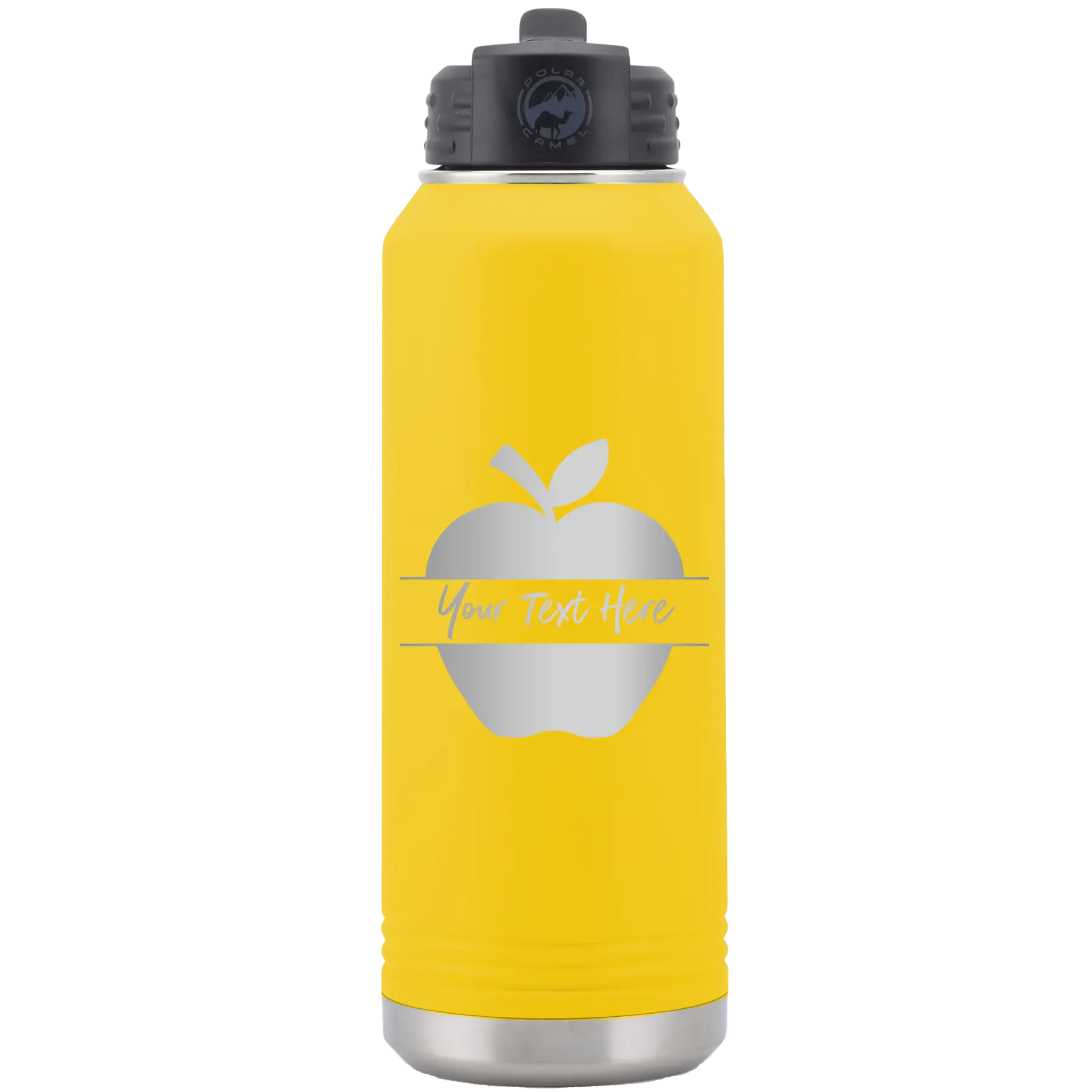 Personalized yellow 32 oz vacuum insulated water bottle with 'Apple' design