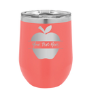 Personalized coral 12 oz vacuum insulated wine cup with 'Apple' design