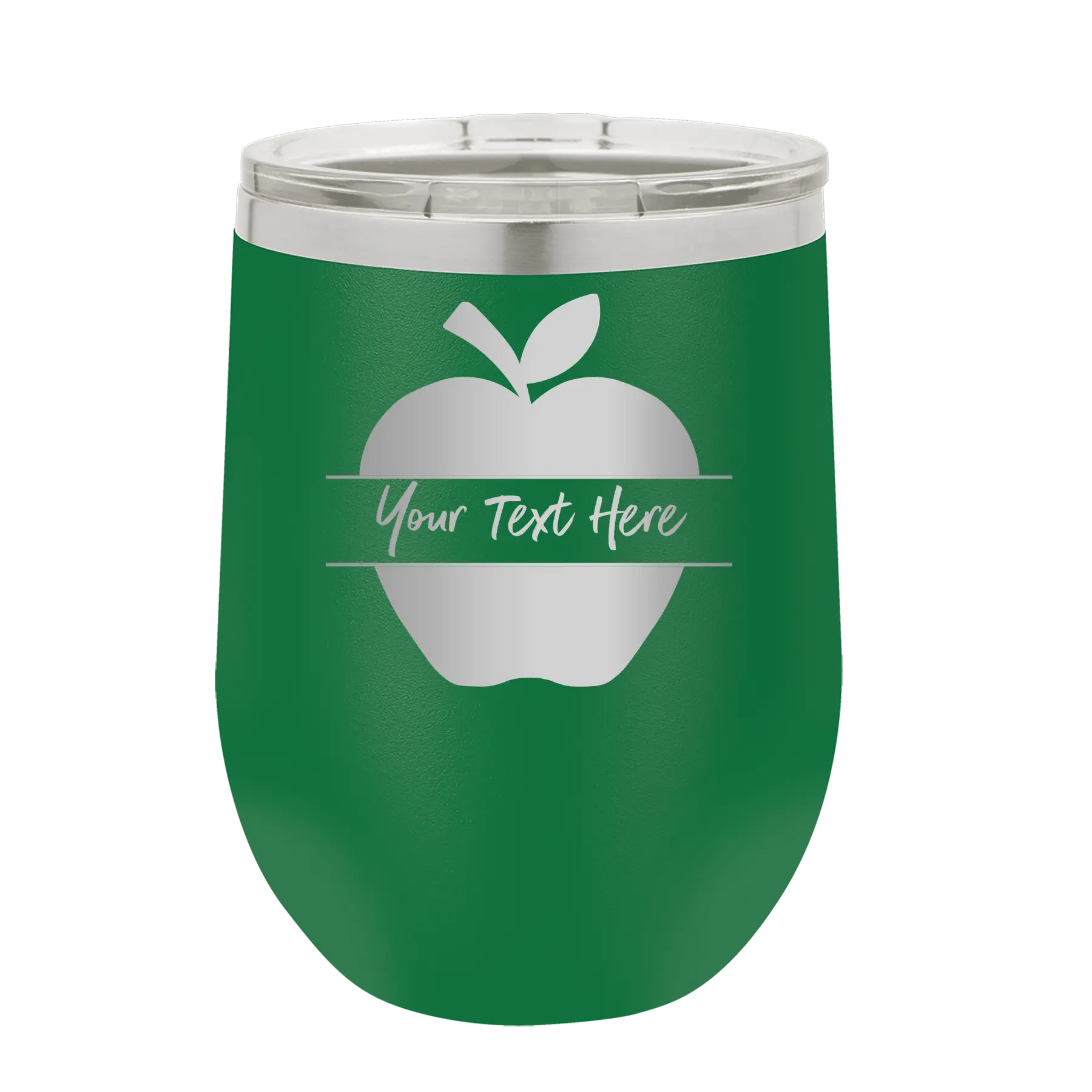 Personalized green 12 oz vacuum insulated wine cup with 'Apple' design