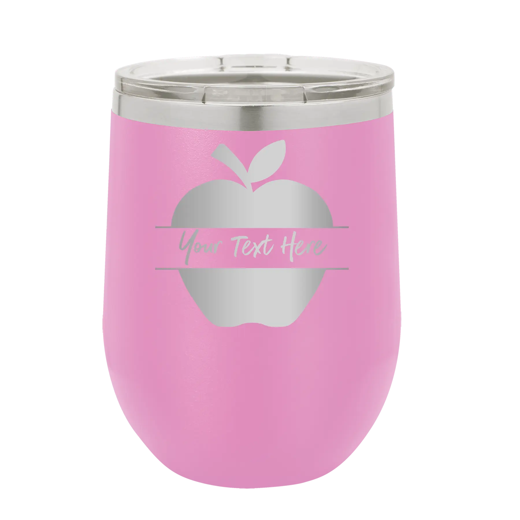 Personalized light purple 12 oz vacuum insulated wine cup with 'Apple' design