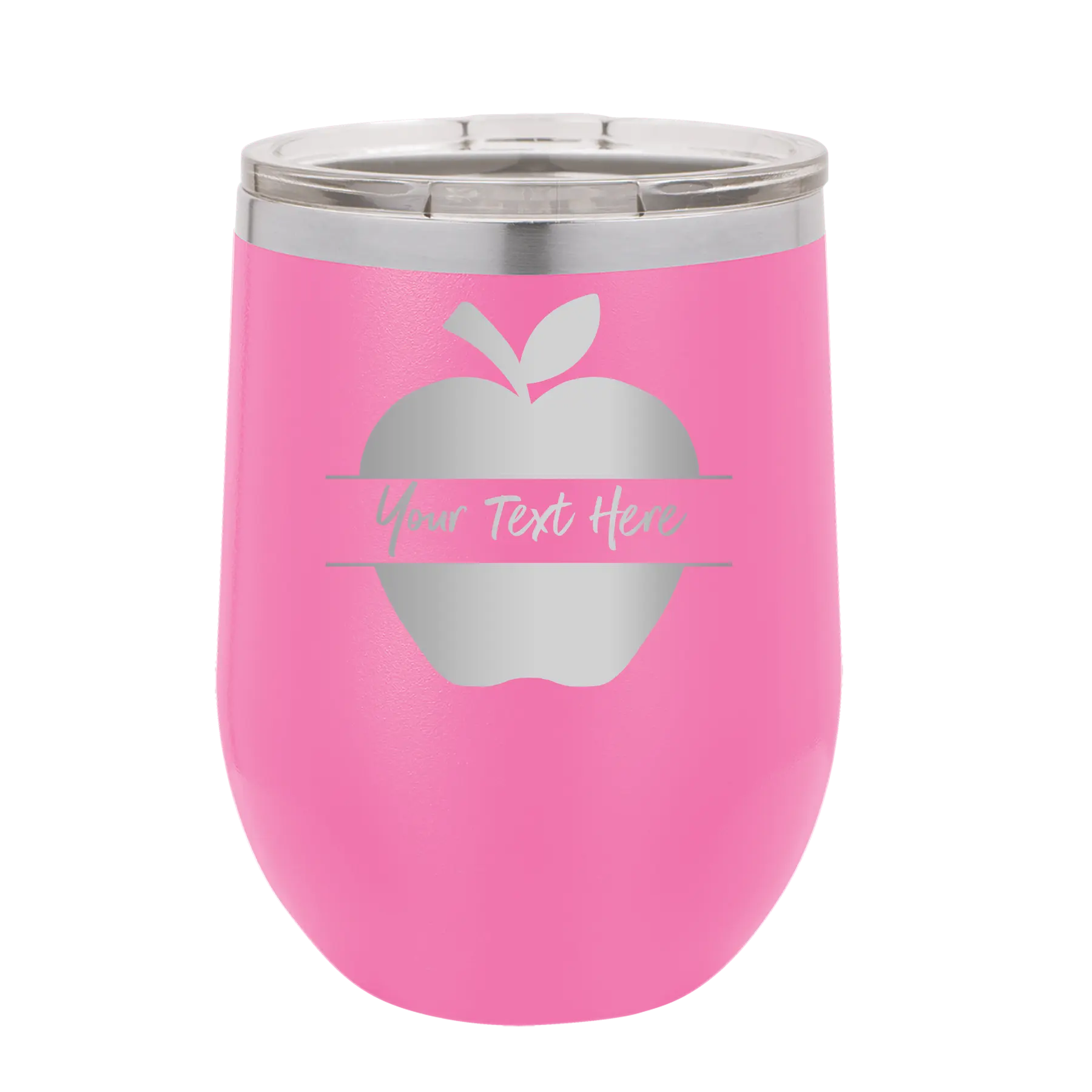 Personalized pink 12 oz vacuum insulated wine cup with 'Apple' design