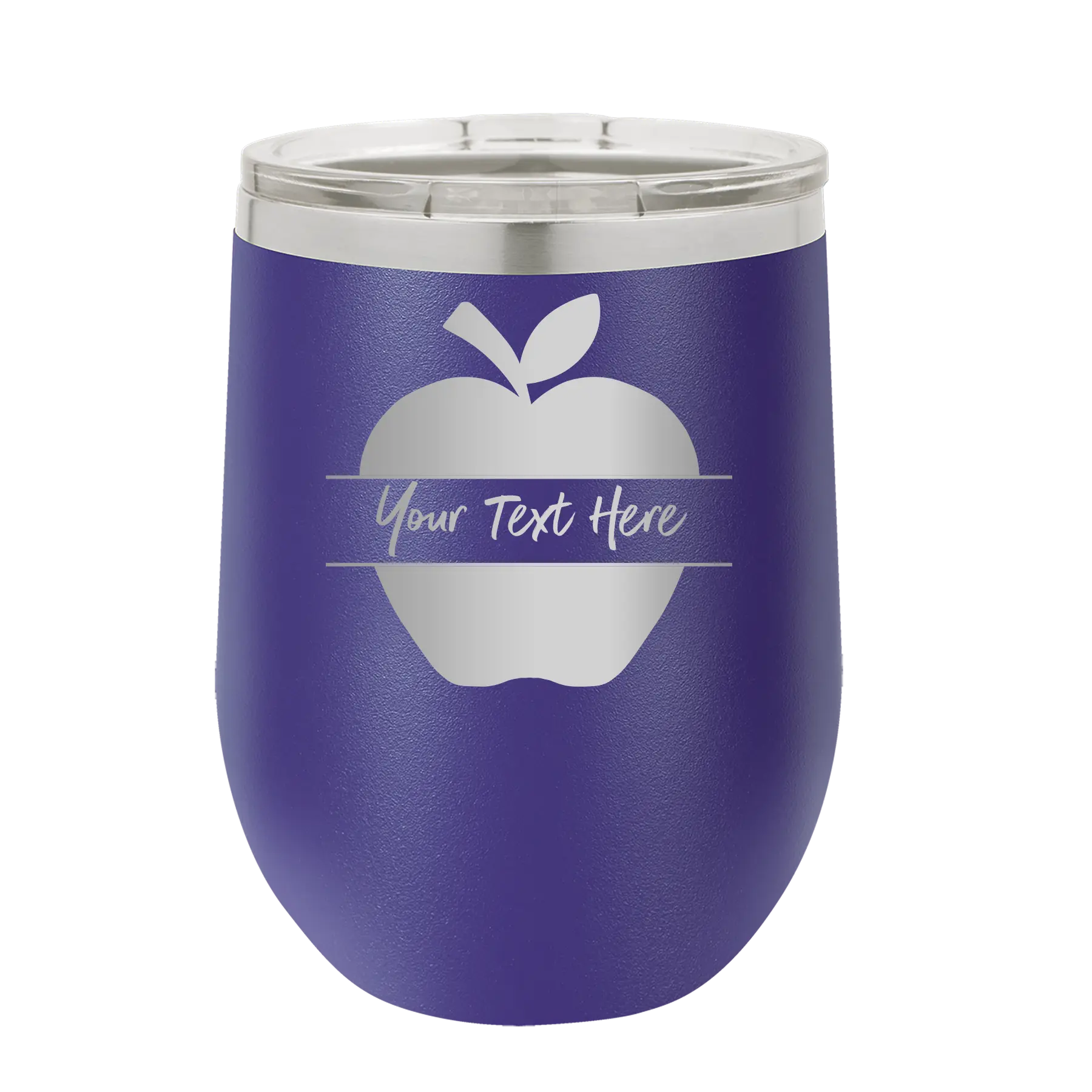 Personalized purple 12 oz vacuum insulated wine cup with 'Apple' design