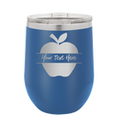 Personalized royal blue 12 oz vacuum insulated wine cup with 'Apple' design
