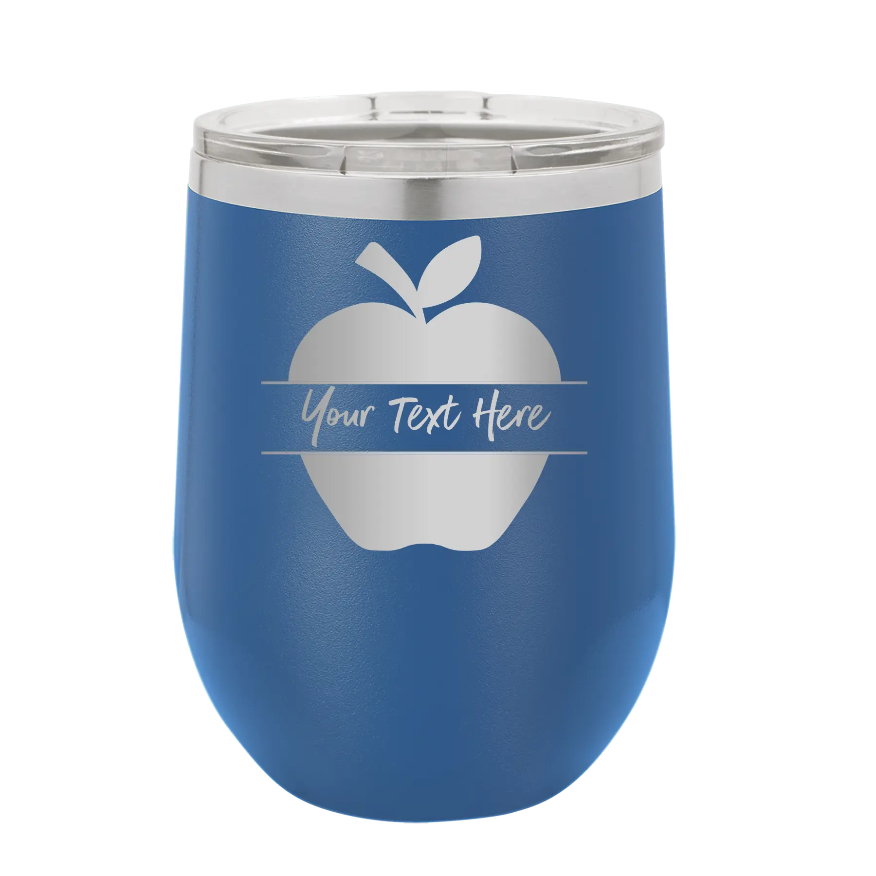 Personalized royal blue 12 oz vacuum insulated wine cup with 'Apple' design