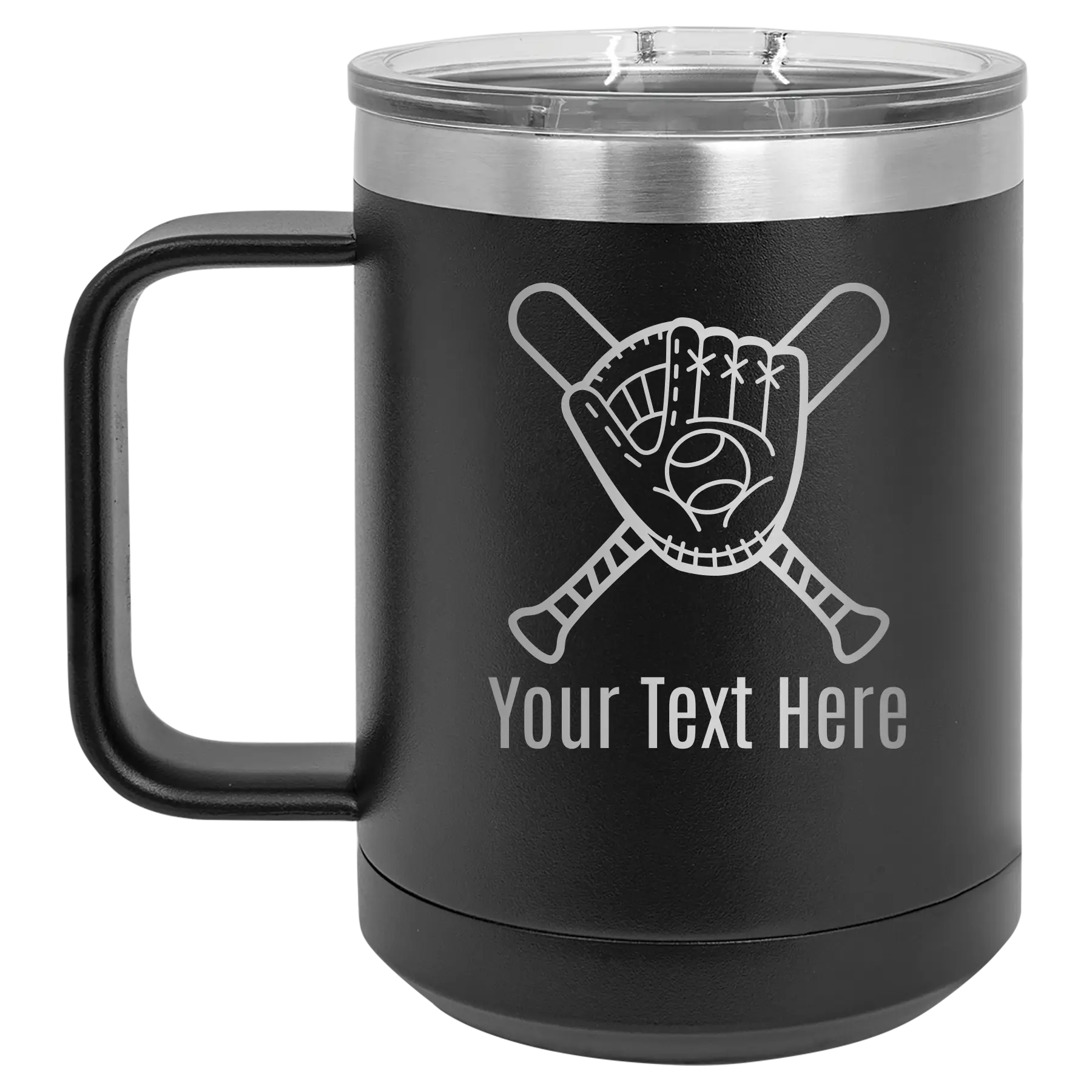 Personalized black 15 oz vacuum insulated coffee mug with 'Baseball and Glove' design