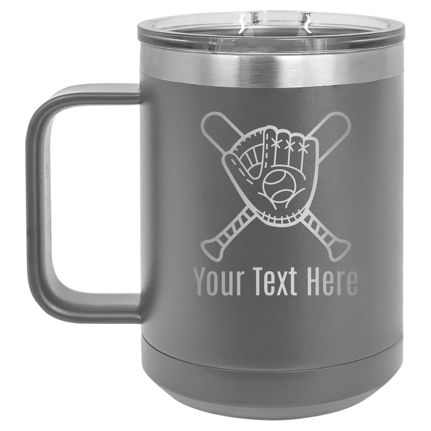 Personalized dark gray 15 oz vacuum insulated coffee mug with 'Baseball and Glove' design