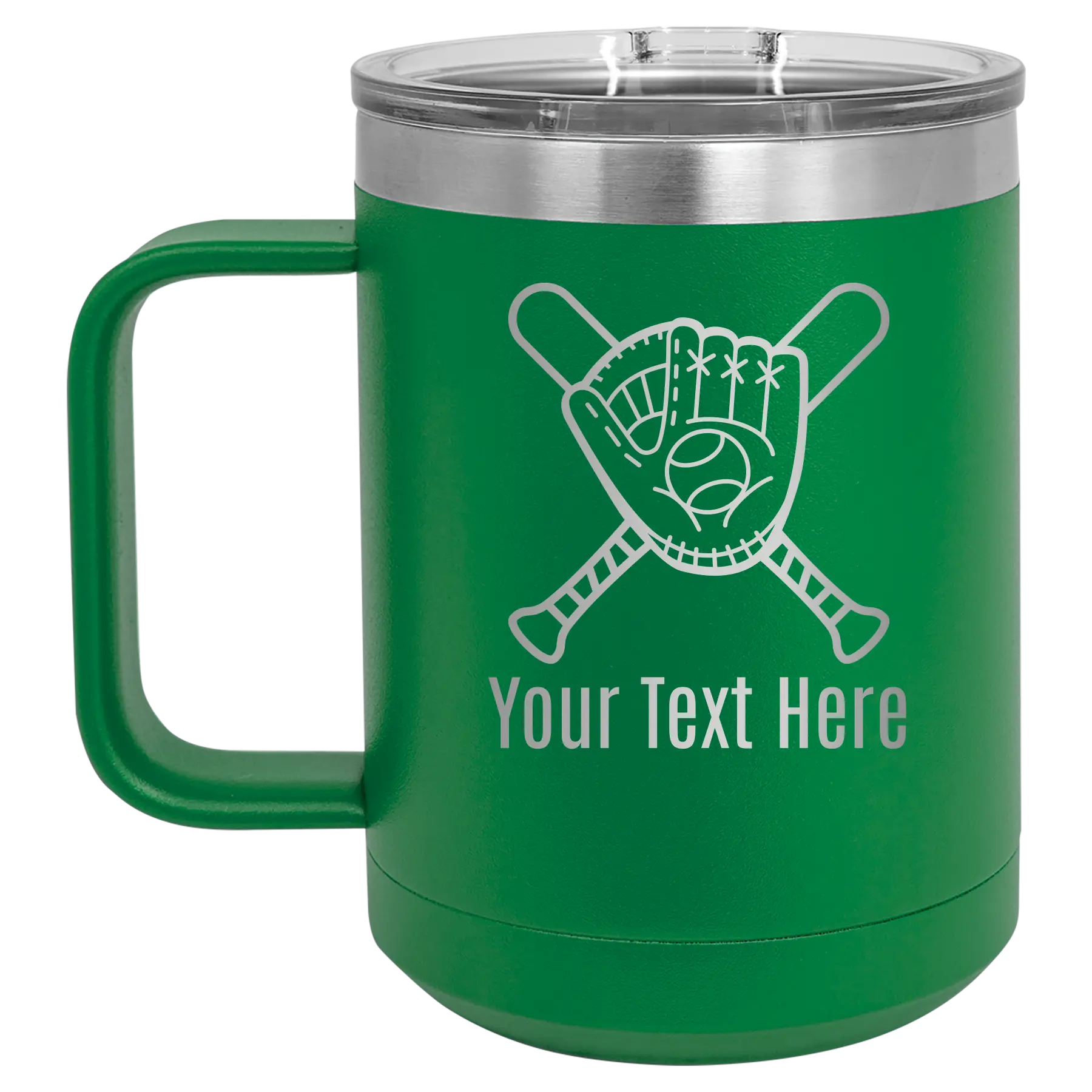Personalized green 15 oz vacuum insulated coffee mug with 'Baseball and Glove' design