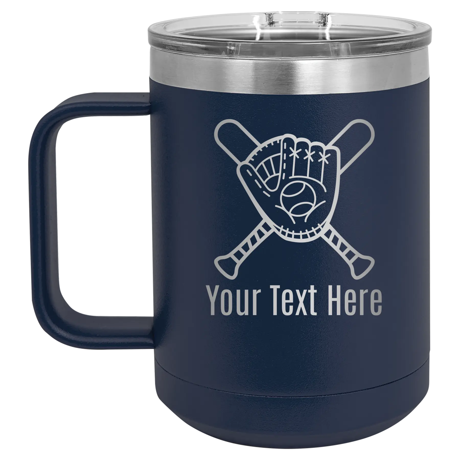 Personalized navy 15 oz vacuum insulated coffee mug with 'Baseball and Glove' design