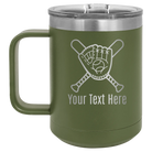 Personalized olive green 15 oz vacuum insulated coffee mug with 'Baseball and Glove' design