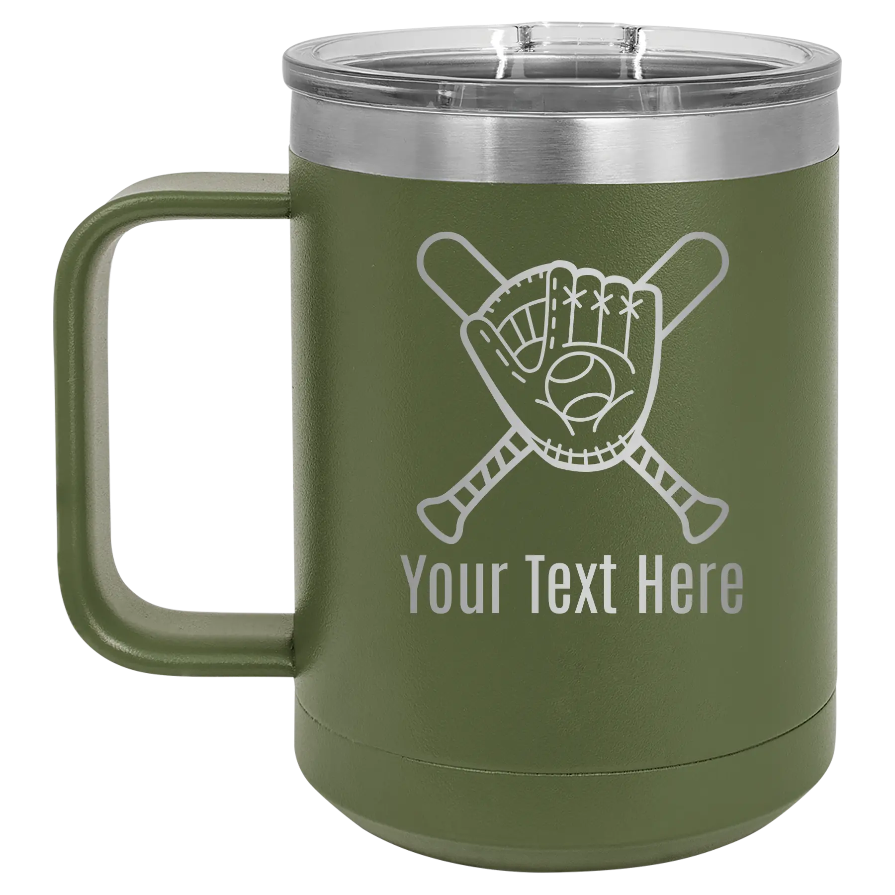 Personalized olive green 15 oz vacuum insulated coffee mug with 'Baseball and Glove' design