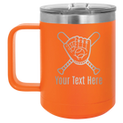 Personalized orange 15 oz vacuum insulated coffee mug with 'Baseball and Glove' design