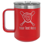 Personalized red 15 oz vacuum insulated coffee mug with 'Baseball and Glove' design