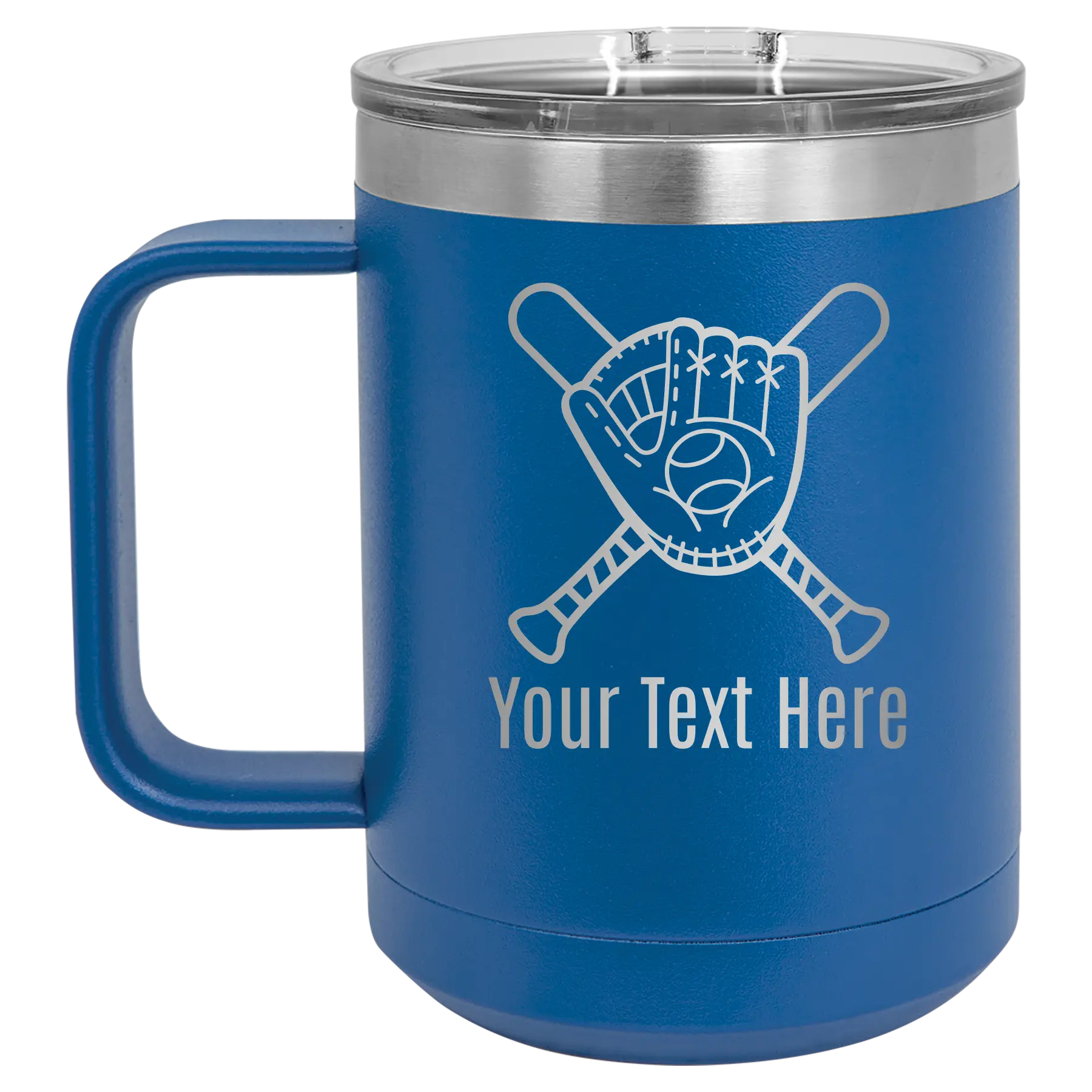 Personalized royal blue 15 oz vacuum insulated coffee mug with 'Baseball and Glove' design