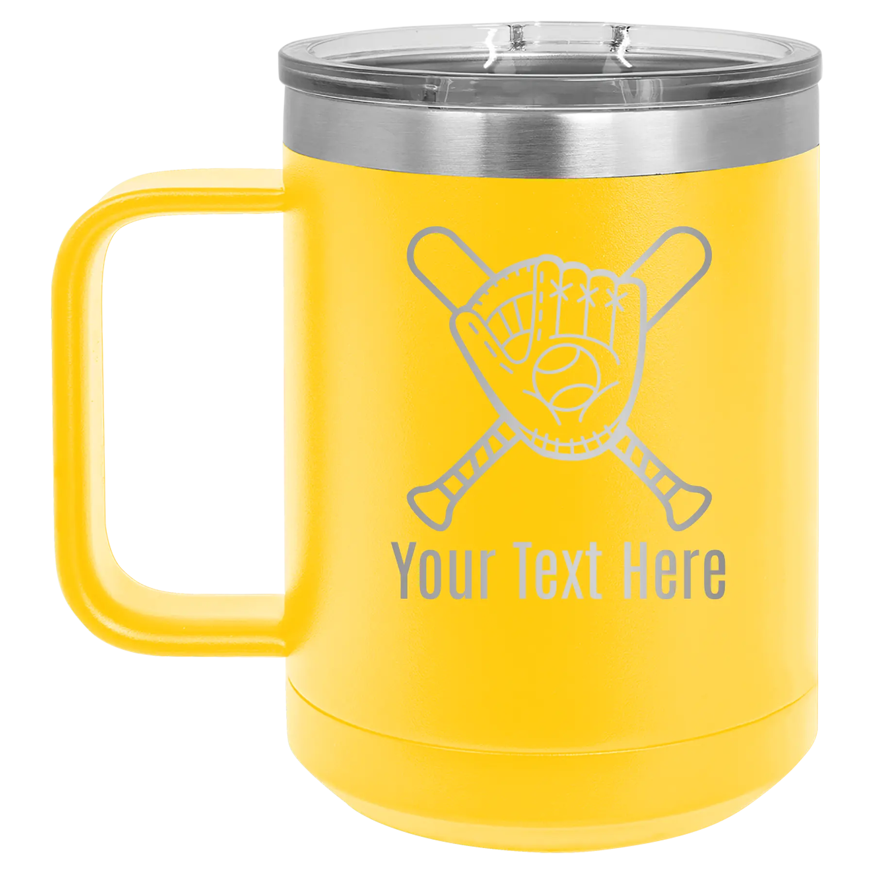 Personalized yellow 15 oz vacuum insulated coffee mug with 'Baseball and Glove' design