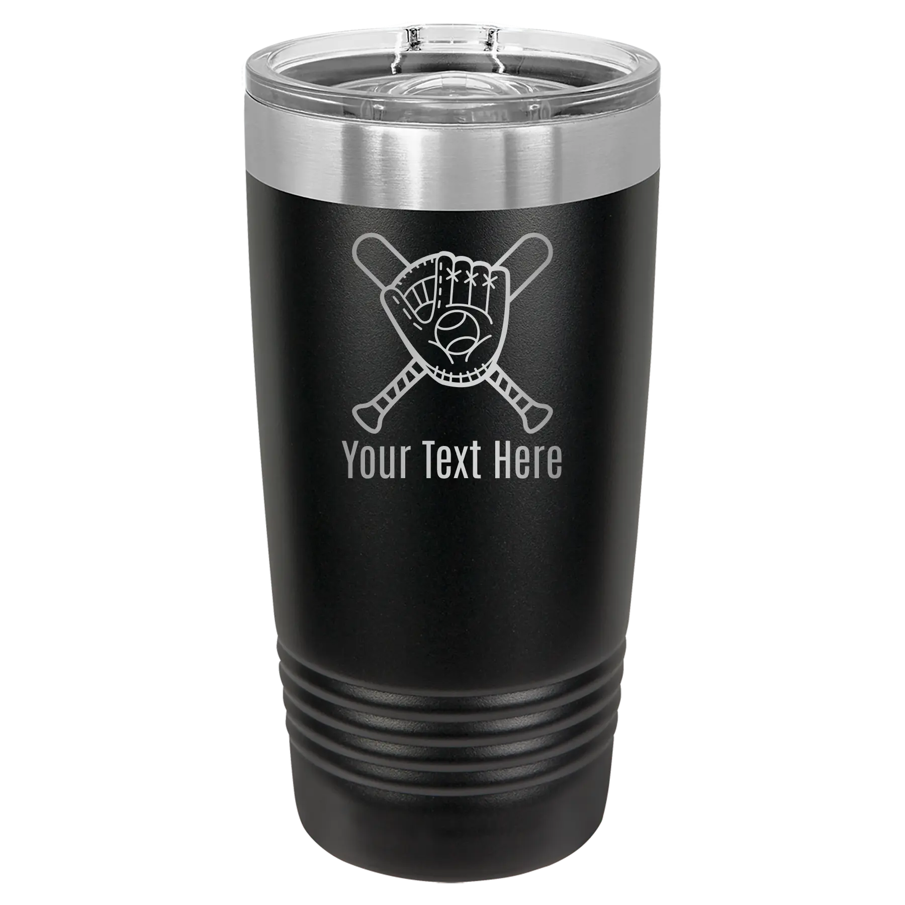 Personalized black 20 oz vacuum insulated tumbler with 'Baseball and Glove' design