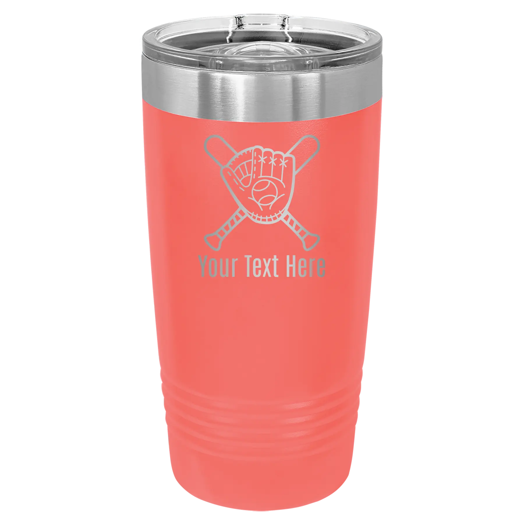Personalized coral 20 oz vacuum insulated tumbler with 'Baseball and Glove' design