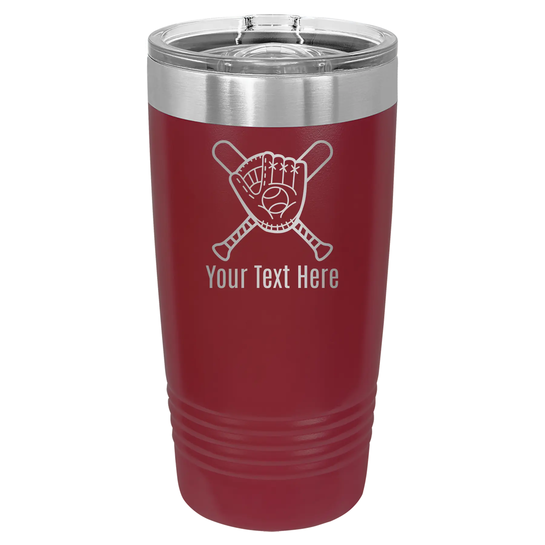 Personalized maroon 20 oz vacuum insulated tumbler with 'Baseball and Glove' design