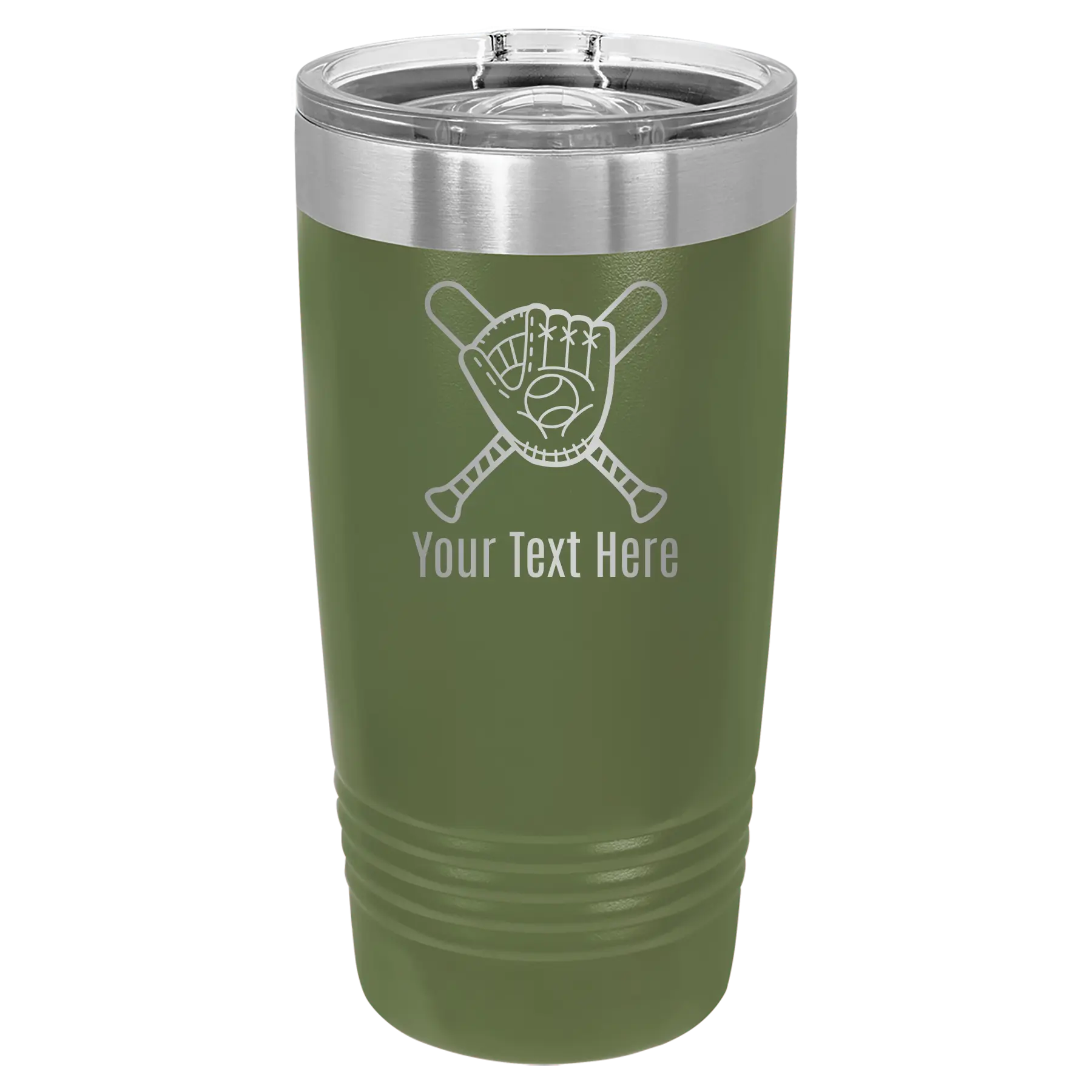 Personalized olive green 20 oz vacuum insulated tumbler with 'Baseball and Glove' design