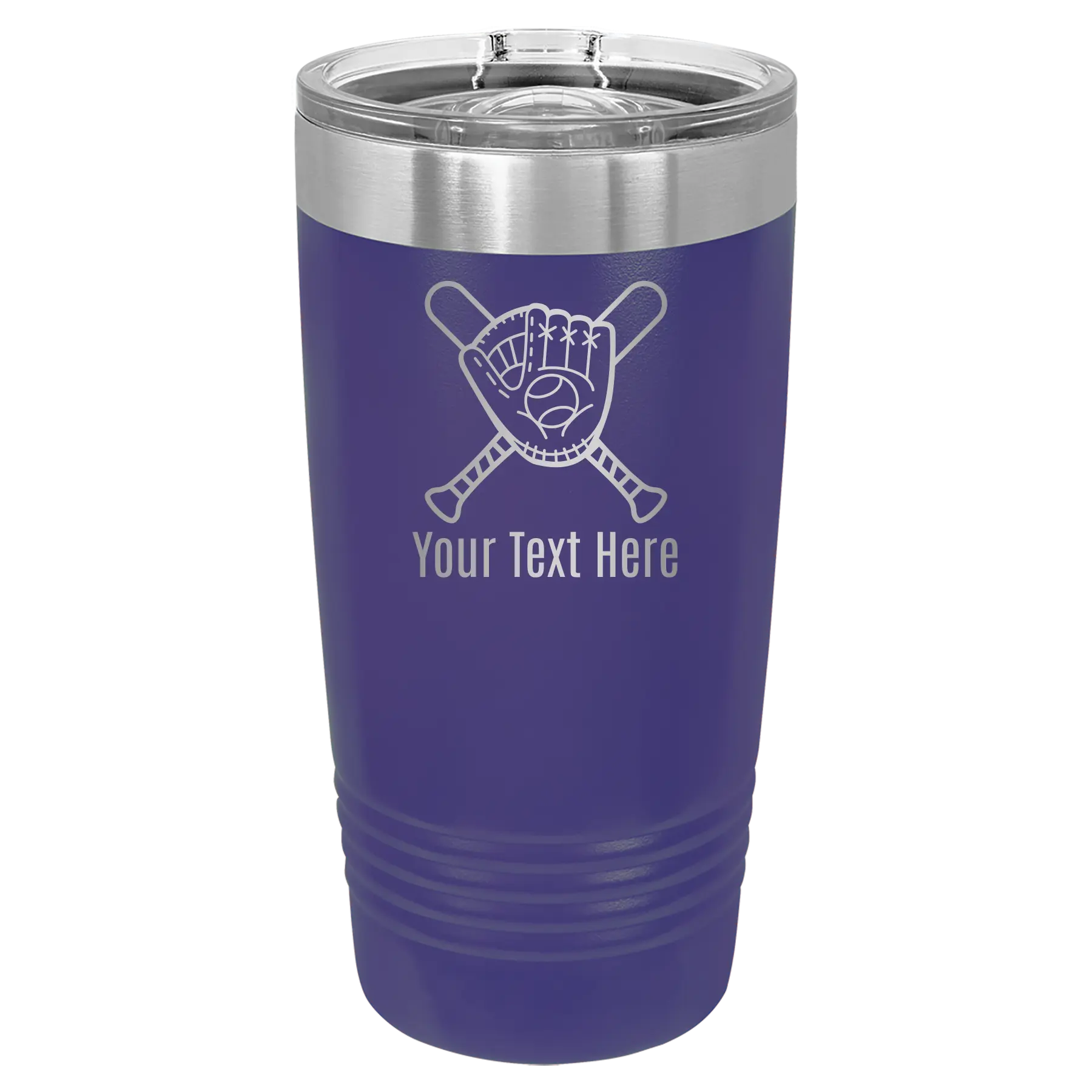 Personalized purple 20 oz vacuum insulated tumbler with 'Baseball and Glove' design