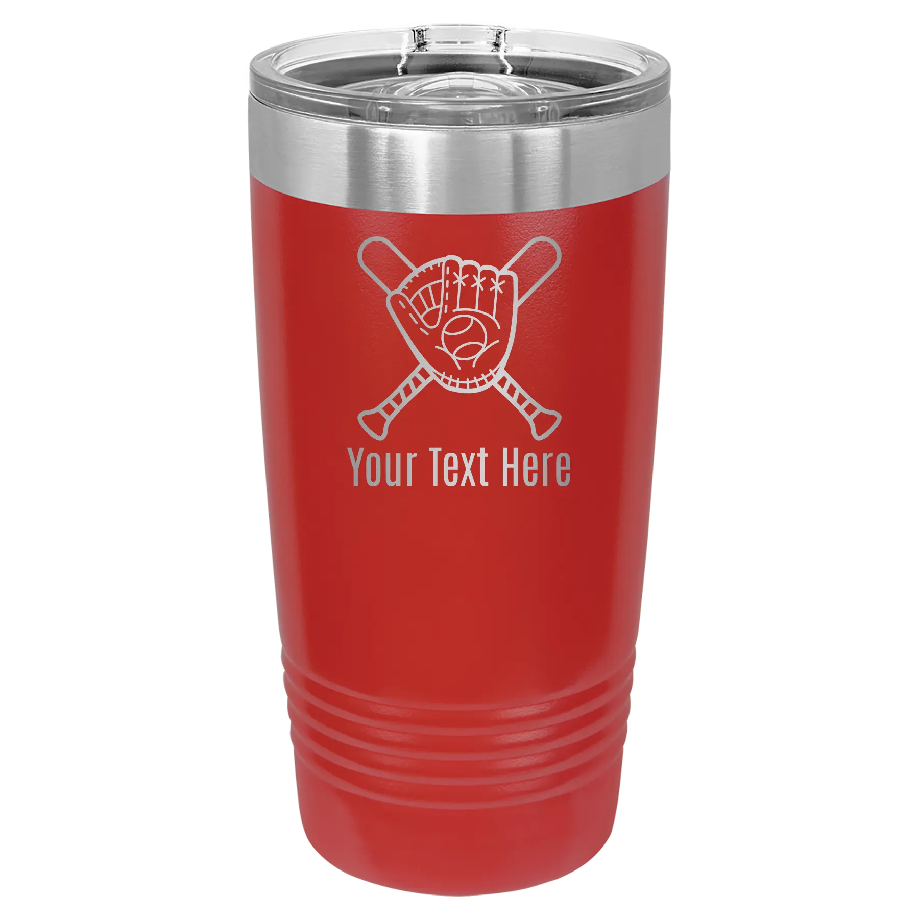 Personalized red 20 oz vacuum insulated tumbler with 'Baseball and Glove' design