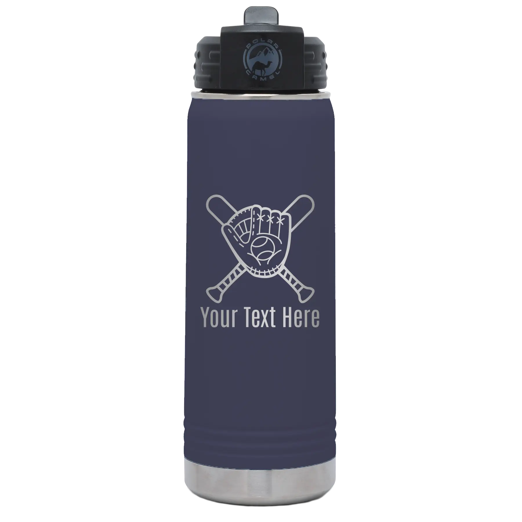 Personalized navy 20 oz vacuum insulated water bottle with 'Baseball and Glove' design