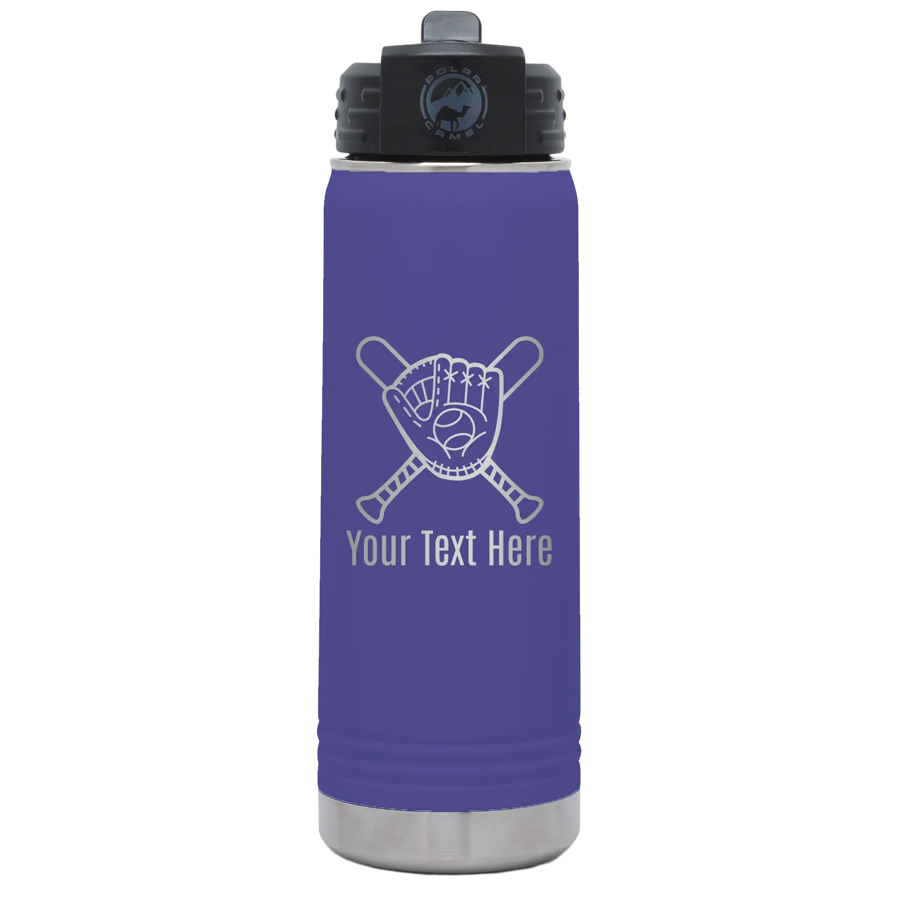 Personalized purple 20 oz vacuum insulated water bottle with 'Baseball and Glove' design