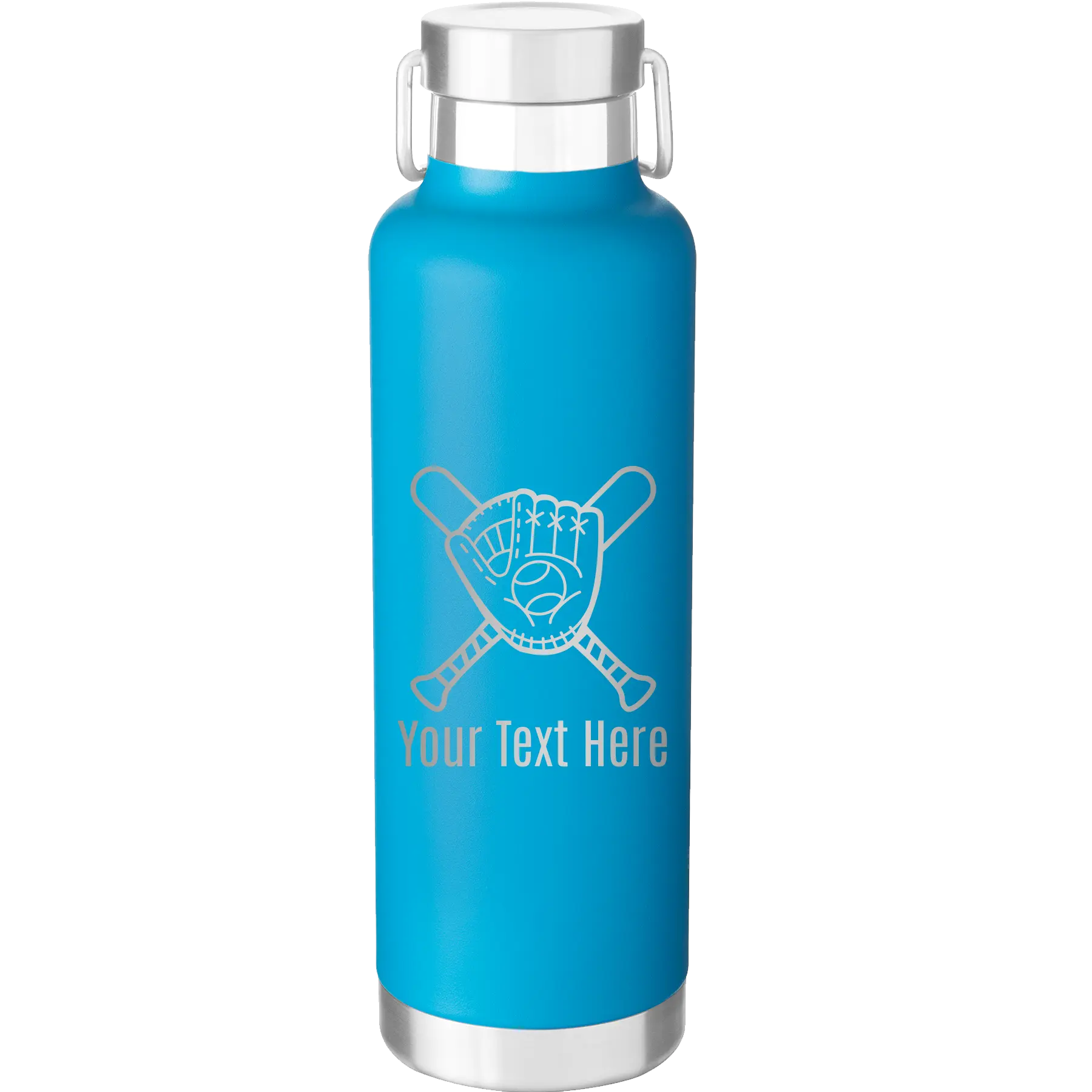 Personalized aqua 24 oz vacuum insulated water bottle with 'Baseball and Glove' design