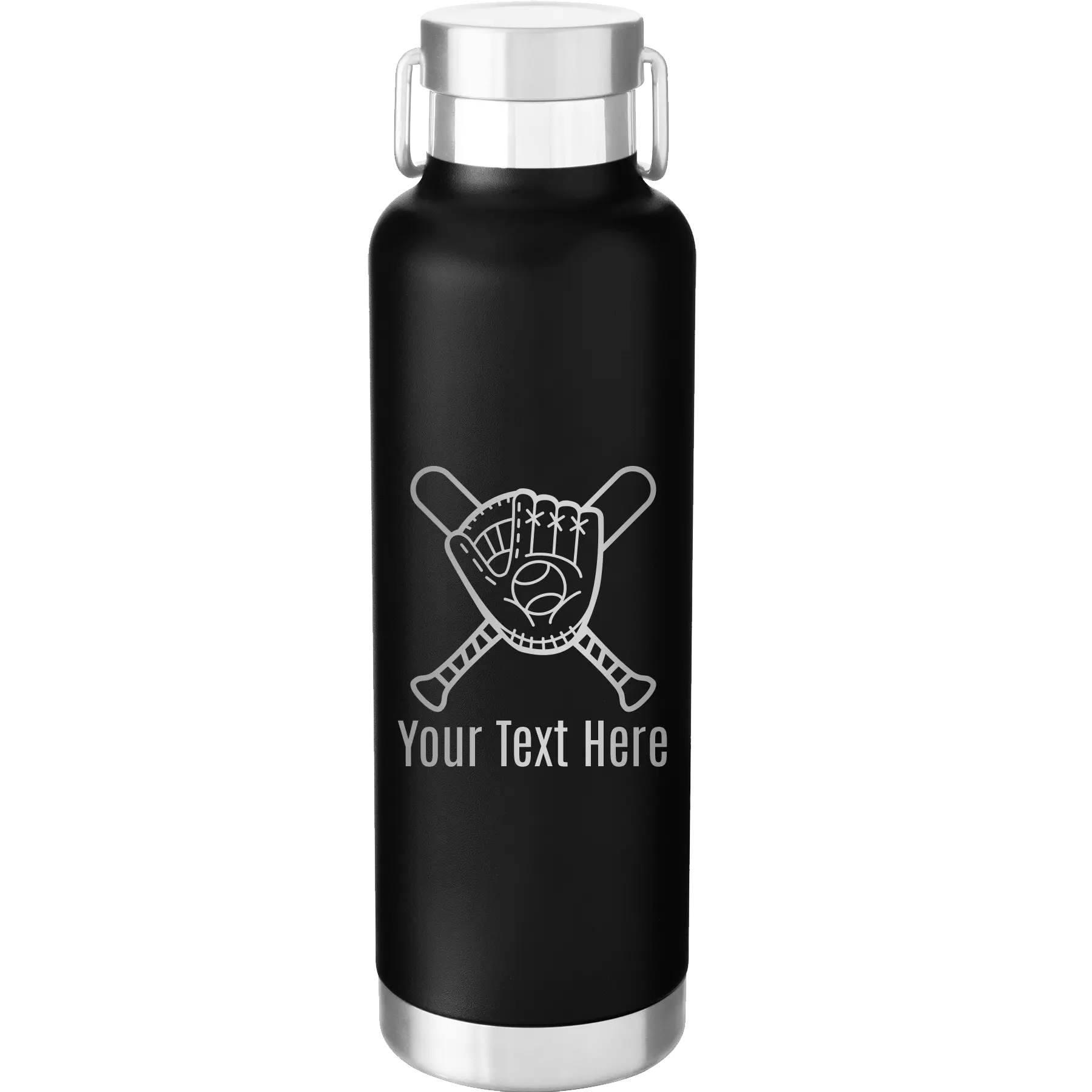 Personalized black 24 oz vacuum insulated water bottle with 'Baseball and Glove' design