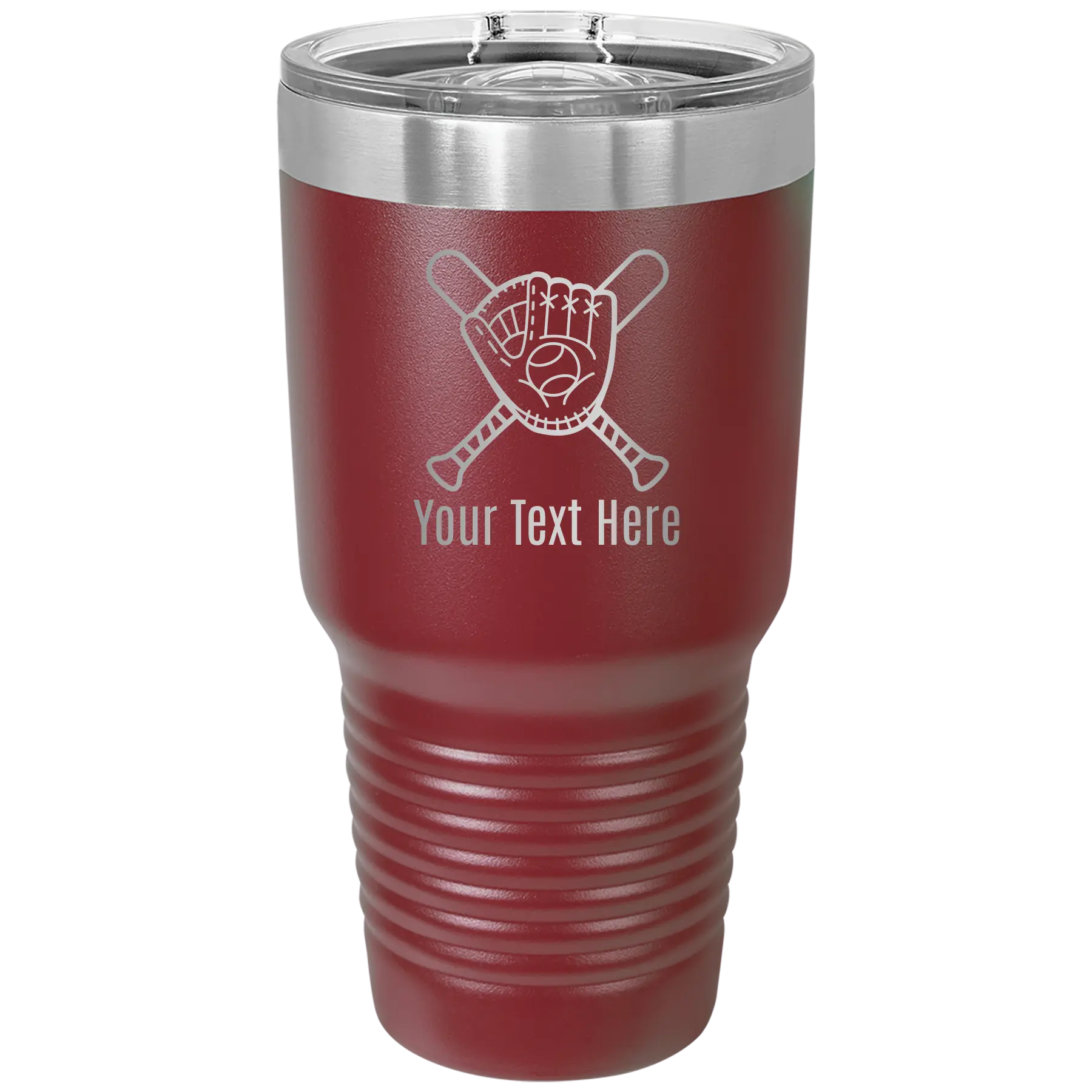 Personalized maroon 30 oz vacuum insulated tumbler with 'Baseball and Glove' design