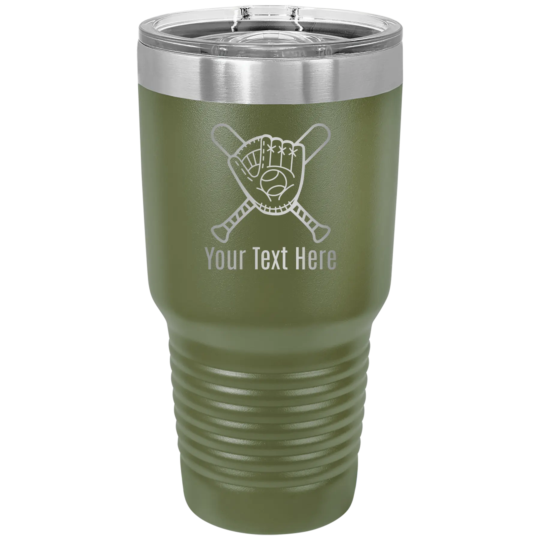 Personalized olive green 30 oz vacuum insulated tumbler with 'Baseball and Glove' design