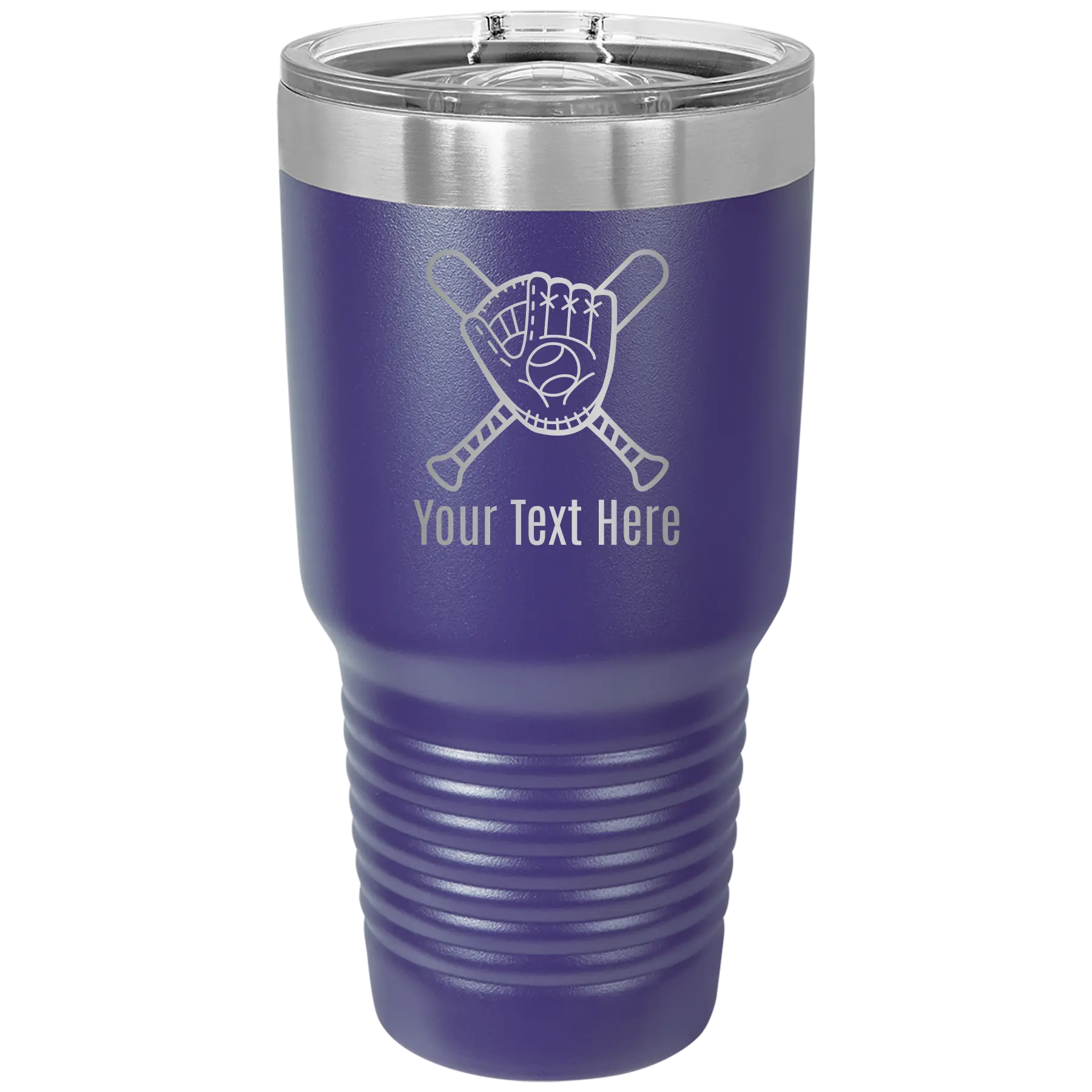 Personalized purple 30 oz vacuum insulated tumbler with 'Baseball and Glove' design