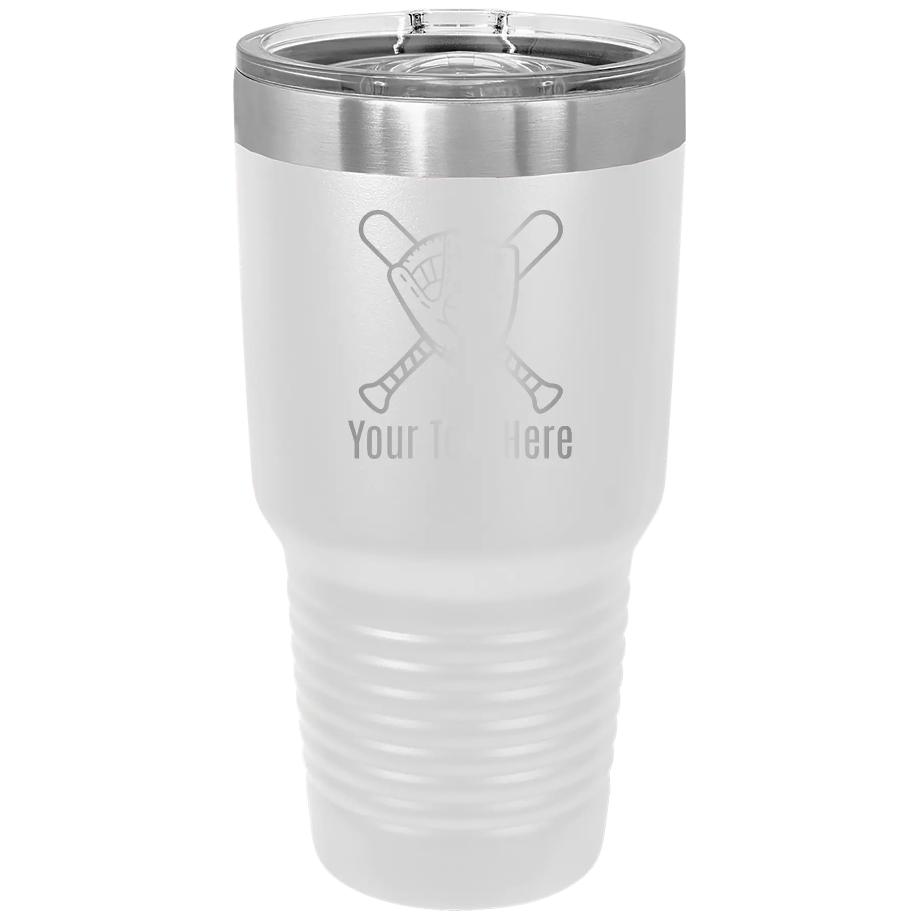 Personalized white 30 oz vacuum insulated tumbler with 'Baseball and Glove' design