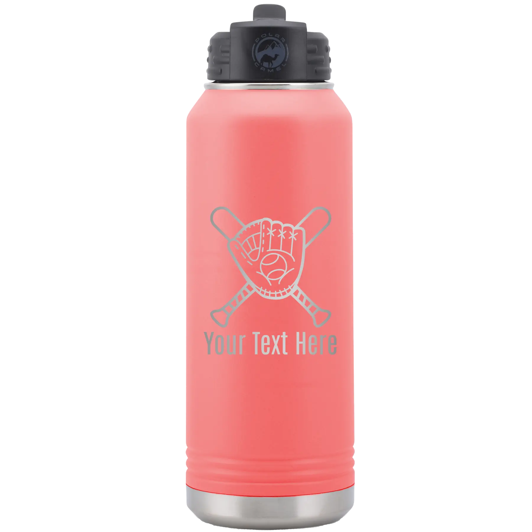 Personalized coral 32 oz vacuum insulated water bottle with 'Baseball and Glove' design