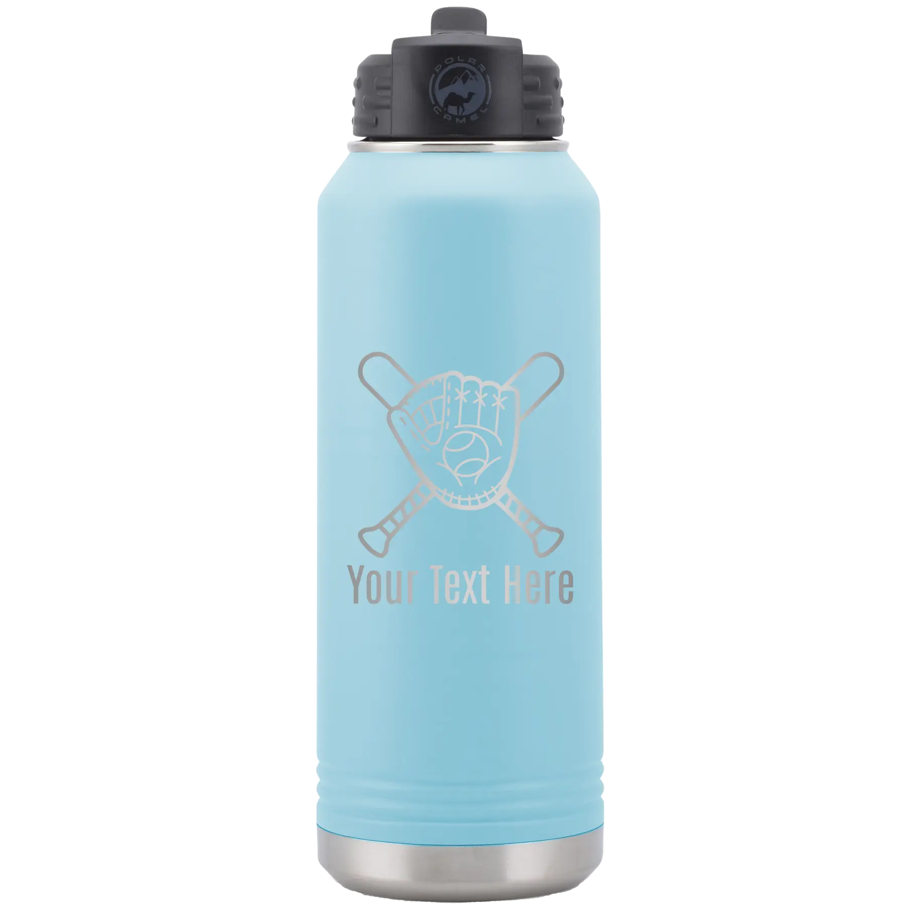Personalized light blue 32 oz vacuum insulated water bottle with 'Baseball and Glove' design