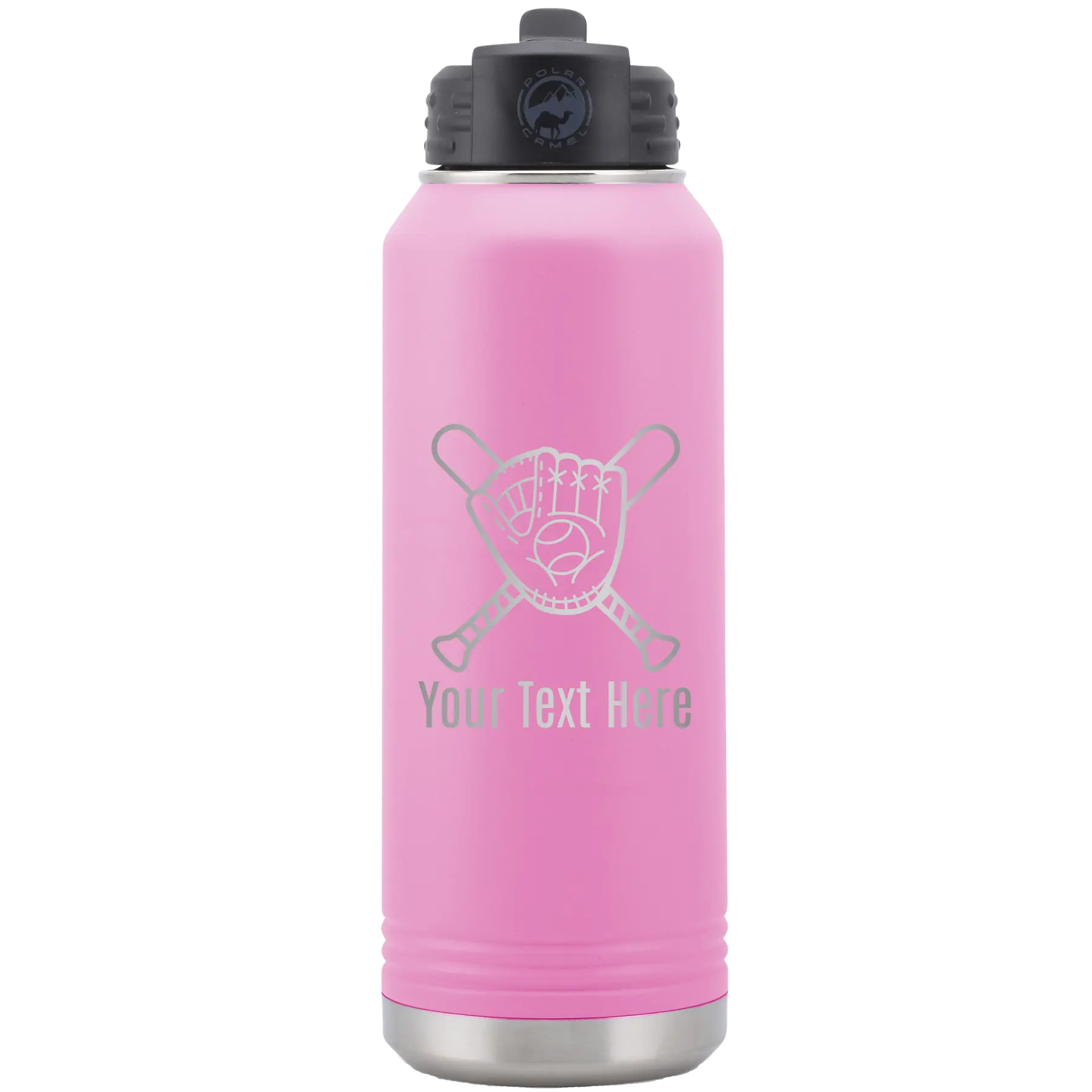 Personalized light purple 32 oz vacuum insulated water bottle with 'Baseball and Glove' design
