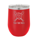 Personalized red 12 oz vacuum insulated wine cup with 'Baseball and Glove' design
