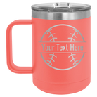 Personalized coral 15 oz vacuum insulated coffee mug with 'Baseball' design