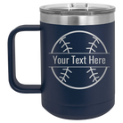 Personalized navy 15 oz vacuum insulated coffee mug with 'Baseball' design