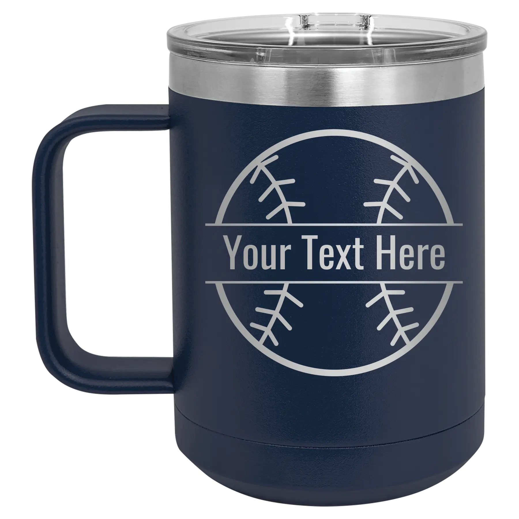 Personalized navy 15 oz vacuum insulated coffee mug with 'Baseball' design