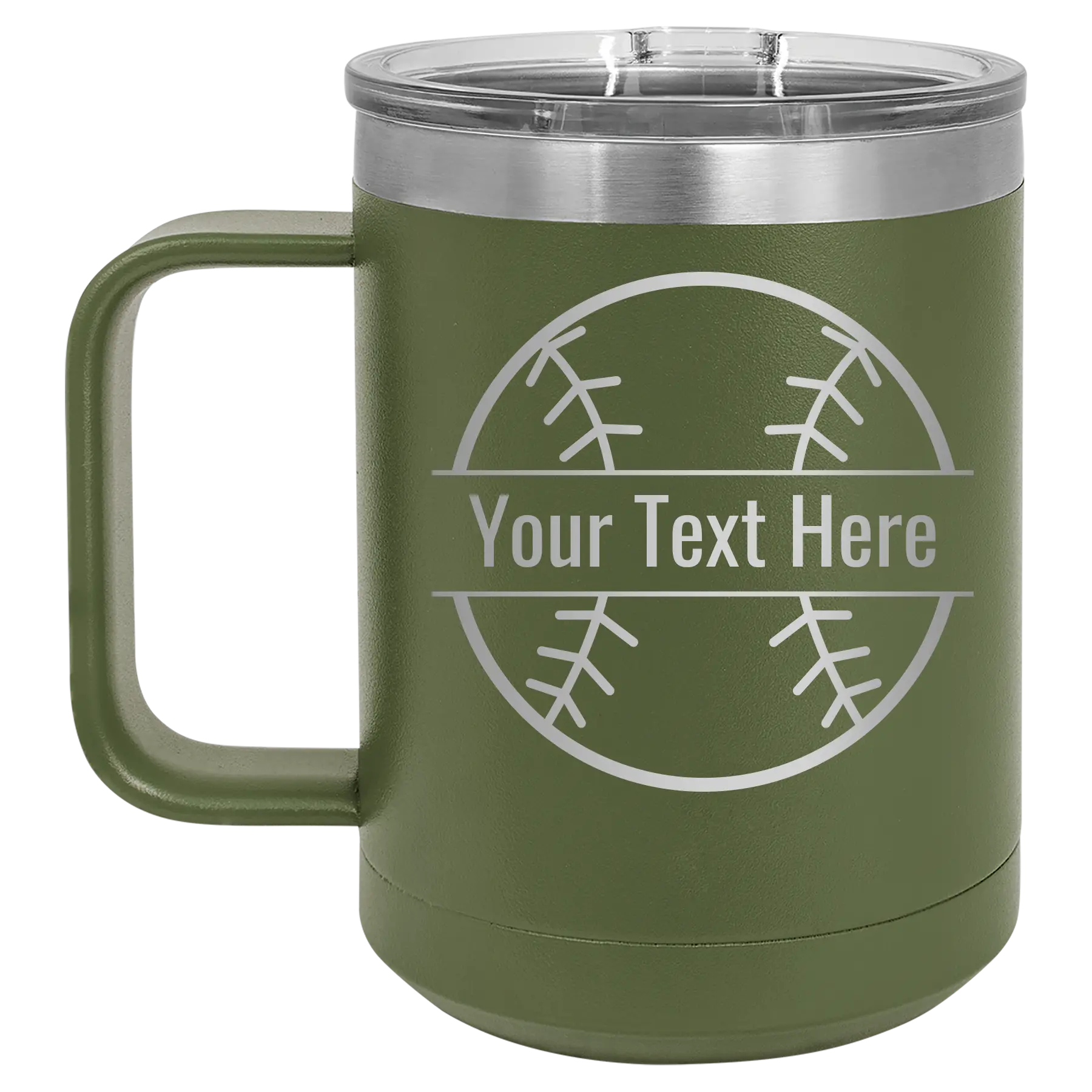 Personalized olive green 15 oz vacuum insulated coffee mug with 'Baseball' design