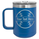 Personalized royal blue 15 oz vacuum insulated coffee mug with 'Baseball' design