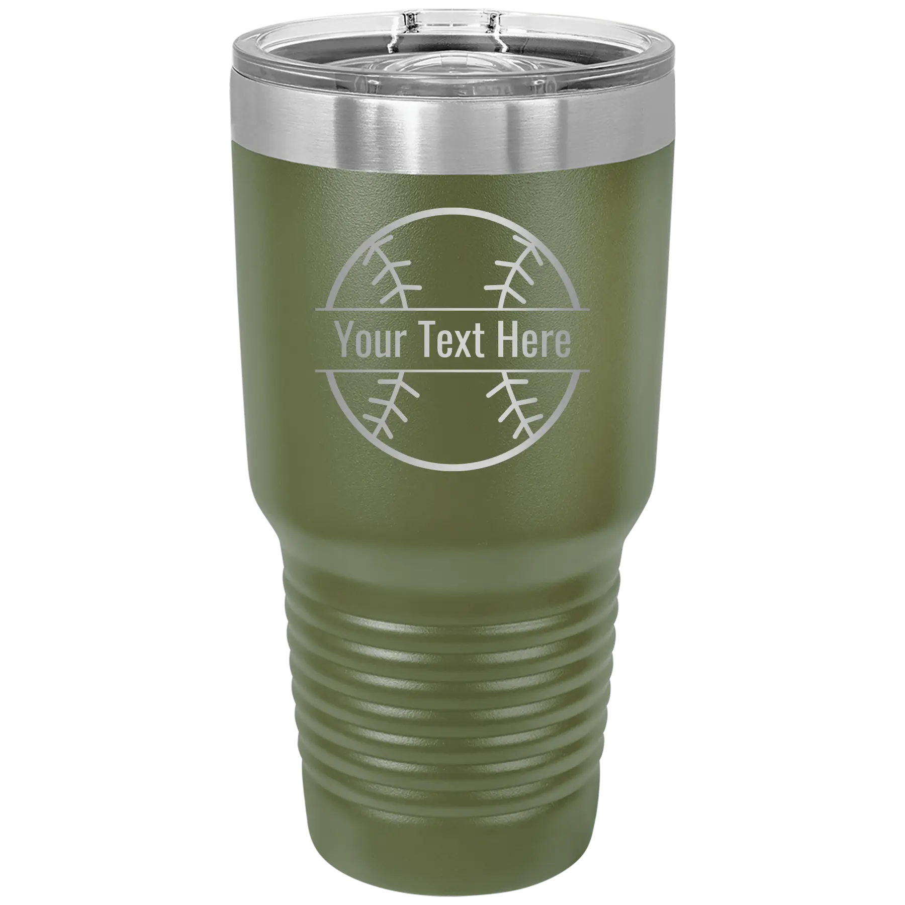 Personalized olive green 30 oz vacuum insulated tumbler with 'Baseball' design