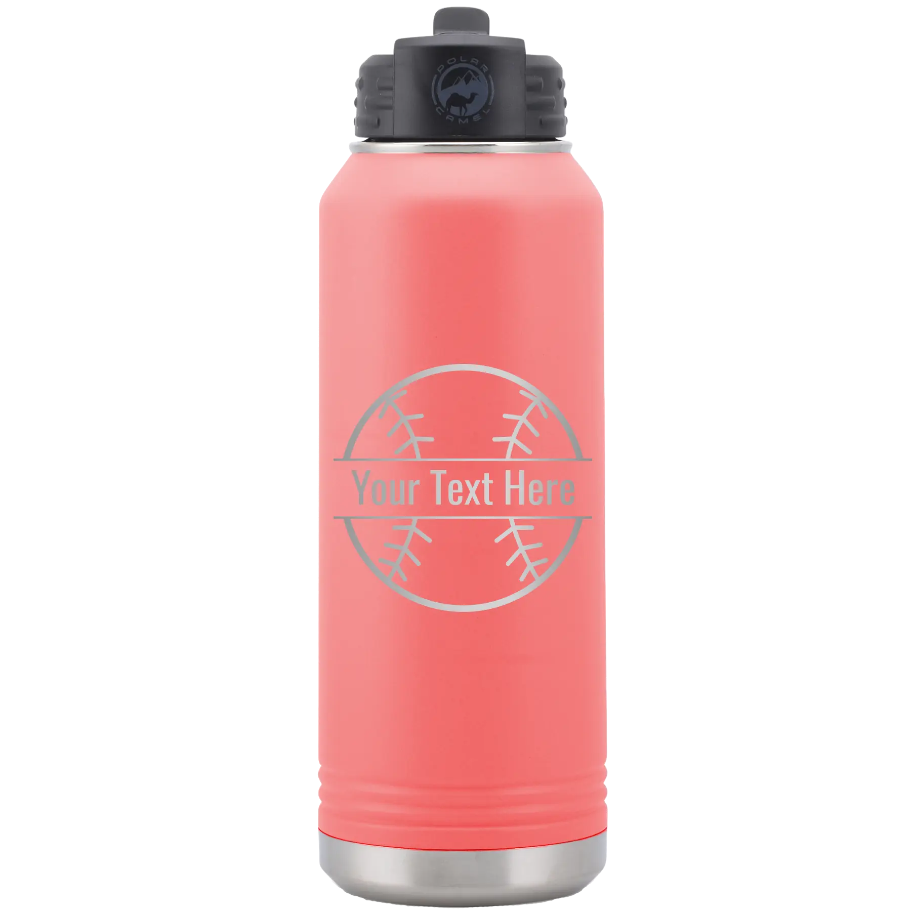 Personalized coral 32 oz vacuum insulated water bottle with 'Baseball' design